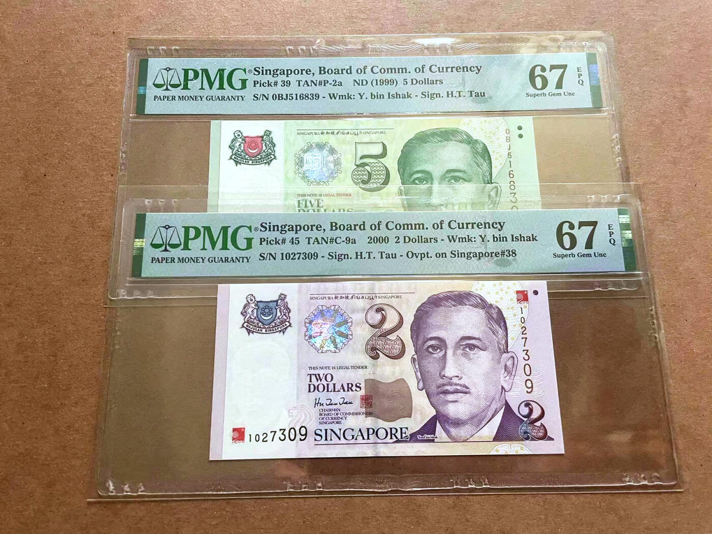 【Blue Auction】✨世界纸币精拍第482期【精】 【一组2张】新加坡 1999-2000年2-5元 PMG67EPQ高分