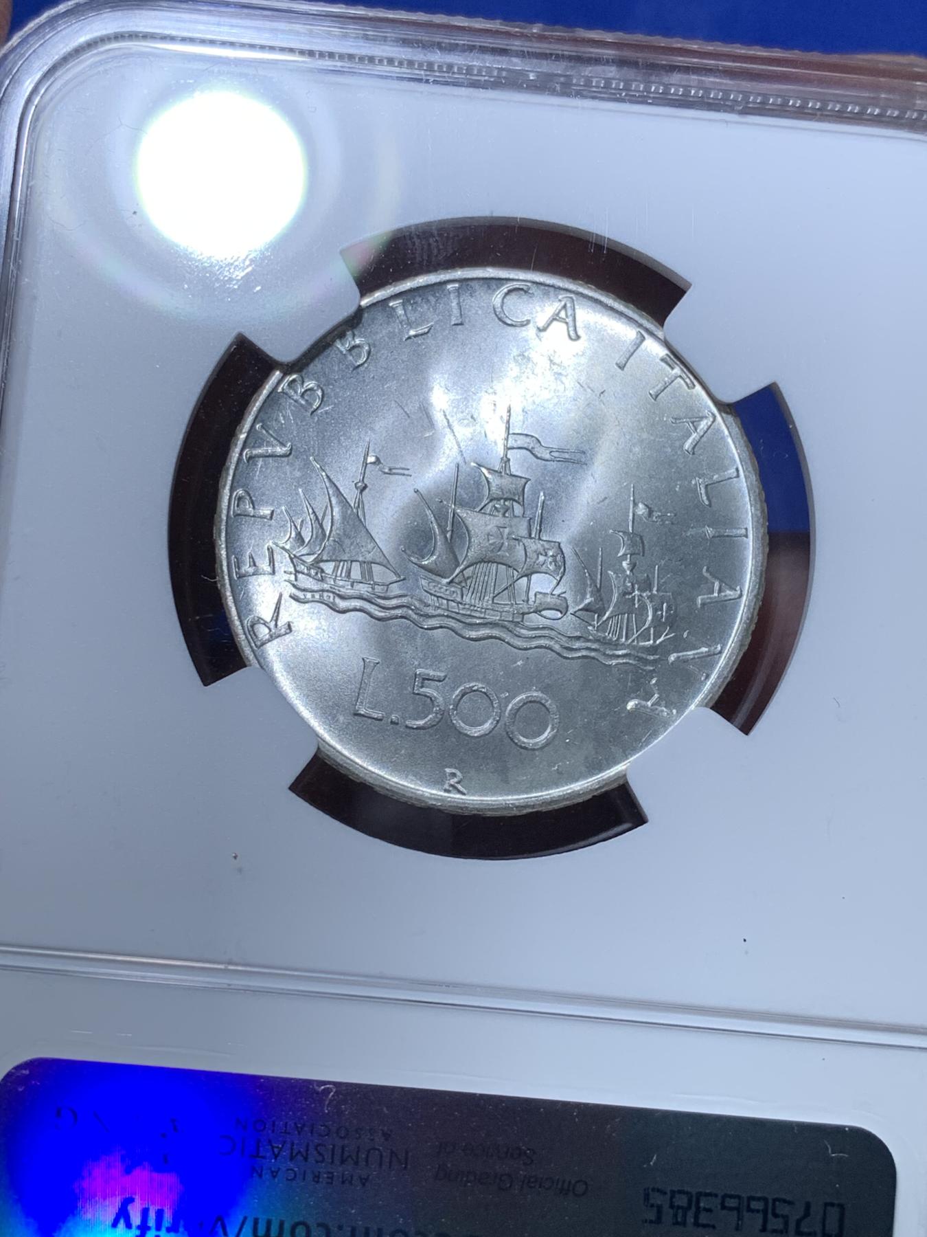 《竞宝斋》第272场- 周日，周一，周二  3场连拍 （全场包邮） NGC MS64 意大利 1967年 500里拉 美女帆船 银币 卷拆品