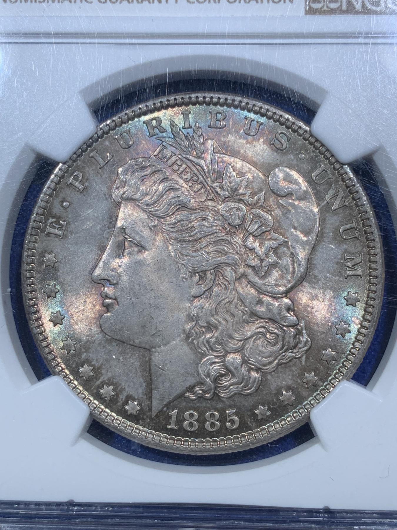 《竞宝斋》第272场- 周日，周一，周二  3场连拍 （全场包邮） NGC MS64 美国1885年摩根银币 深重五彩包浆