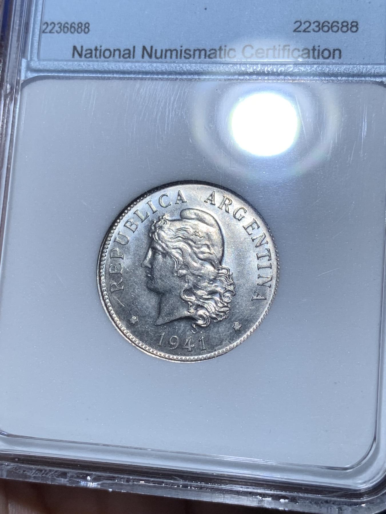 《竞宝斋》第272场- 周日，周一，周二  3场连拍 （全场包邮） NNC MS66 阿根廷1941自由女神50分镍币