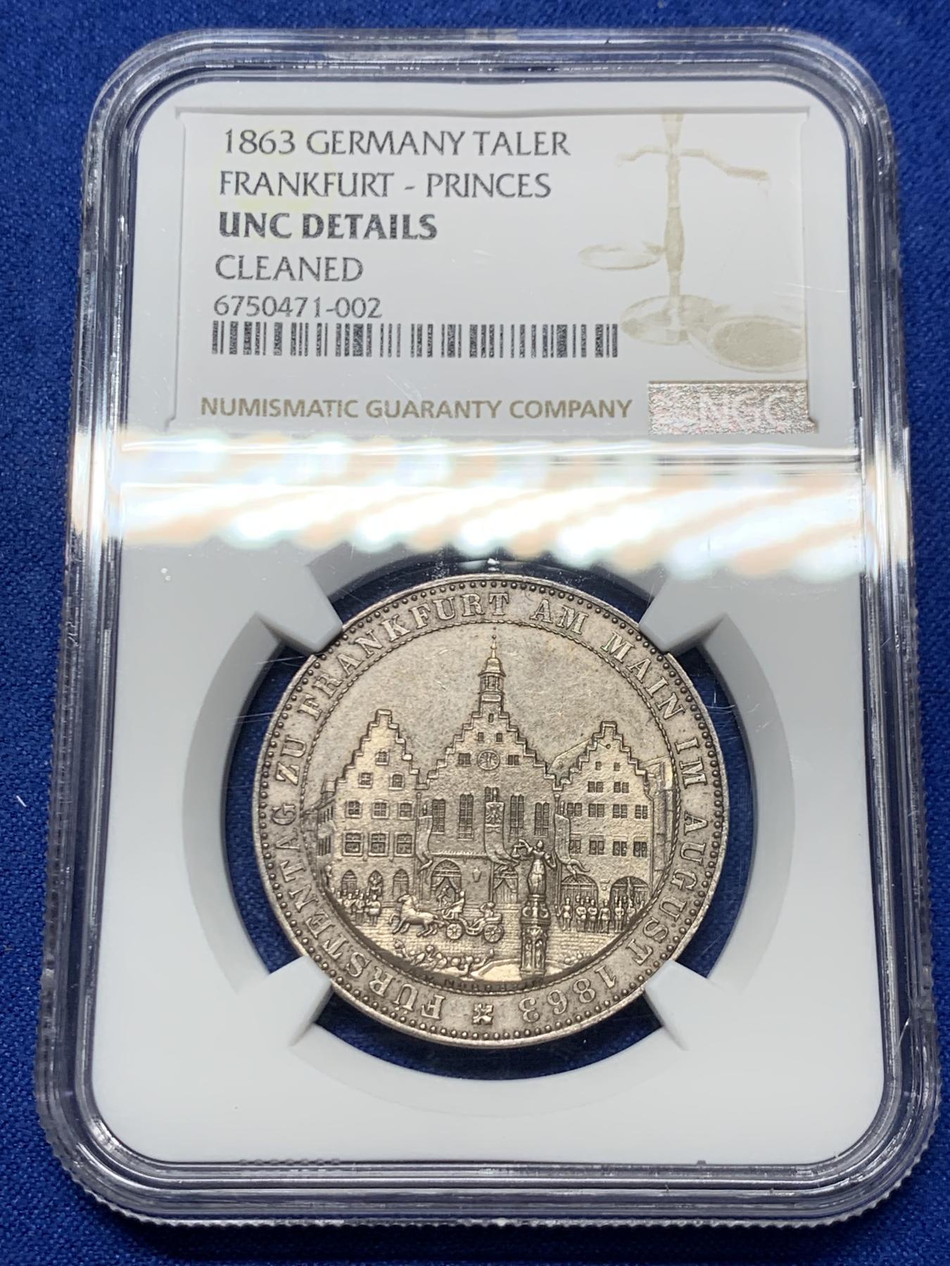 《竞宝斋》第272场- 周日，周一，周二  3场连拍 （全场包邮） NGC UNCD 德国1863年法兰克福王子议会1泰勒银币