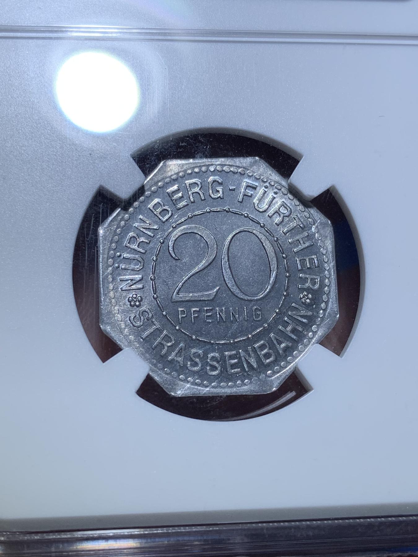 《竞宝斋》第272场- 周日，周一，周二  3场连拍 （全场包邮） NGC MS64 德国1920德紧纽伦堡电车代用币20芬尼八角币