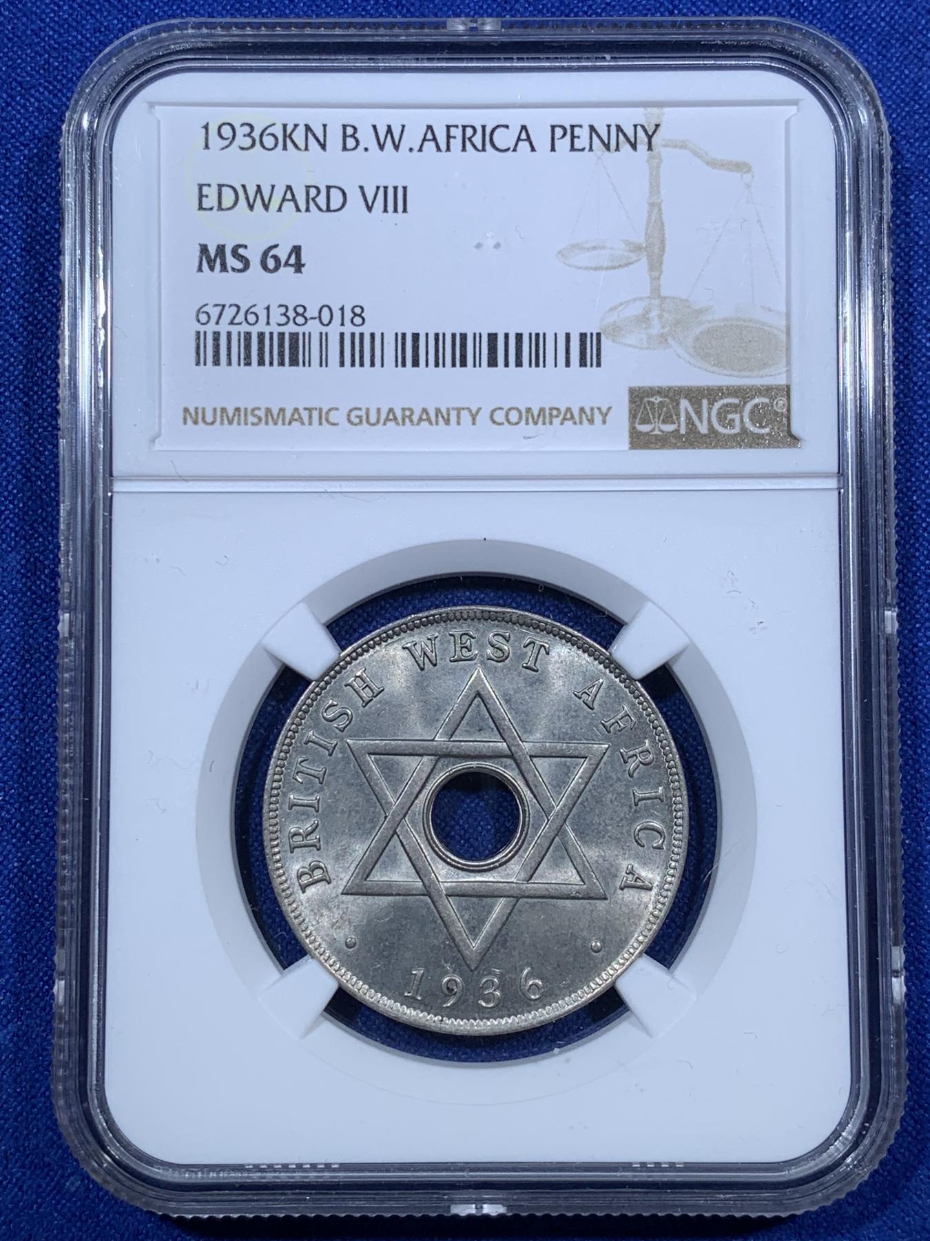 《竞宝斋》第272场- 周日，周一，周二  3场连拍 （全场包邮） NGC MS64 1936年英属西非爱德华八世一便士 不爱江山爱美人的爱八 带有国王名字的难得品种