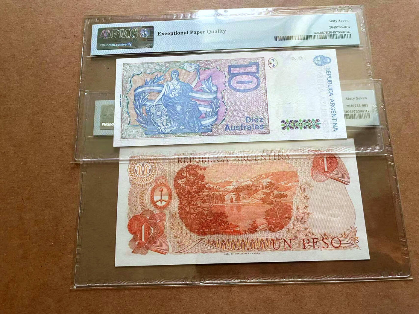 【Blue Auction】✨世界纸币精拍第482期【精】 【一组2张】阿根廷 1970-89年10Australes/1比索 PMG67EPQ 高分