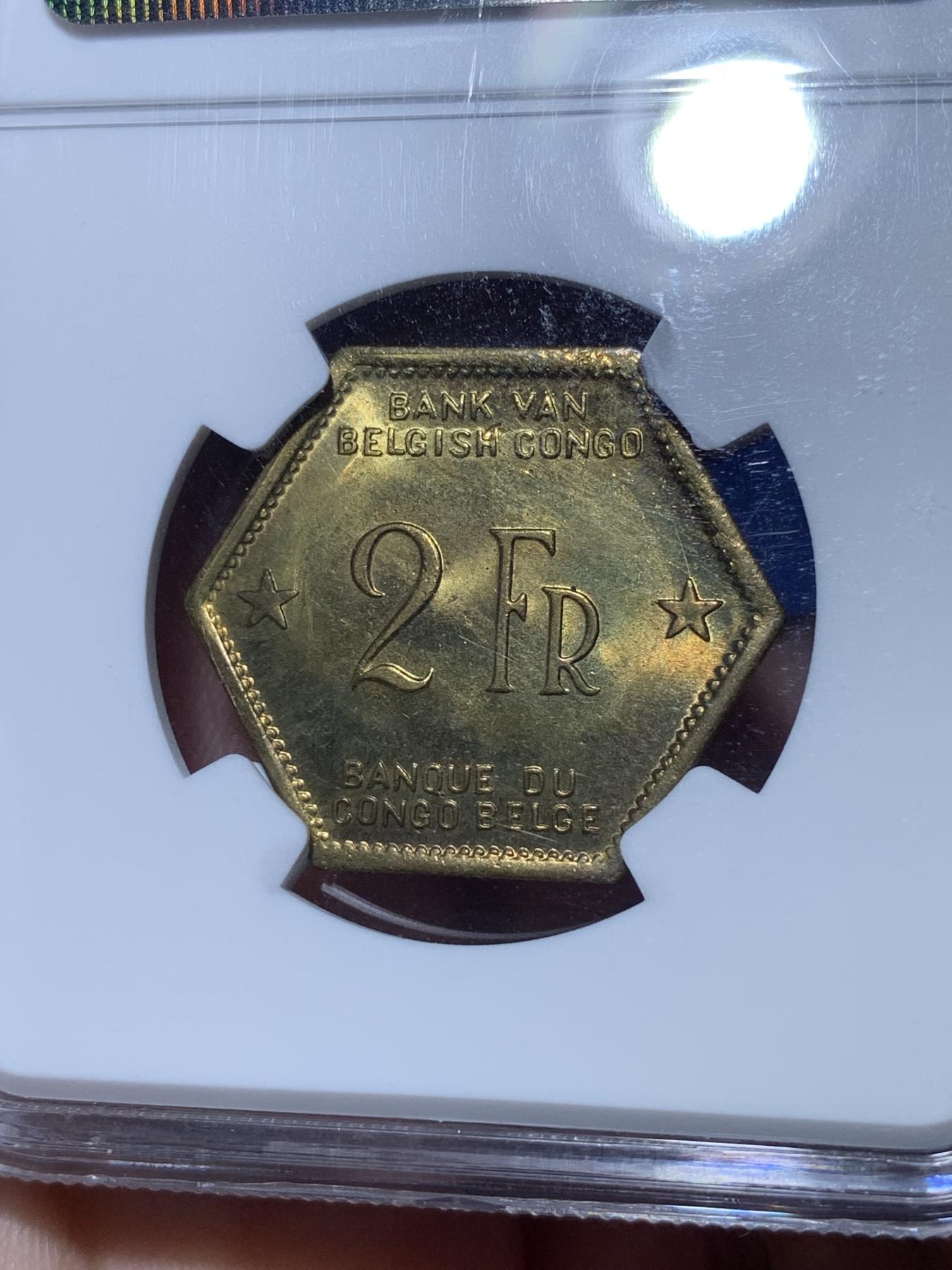 《竞宝斋》第272场- 周日，周一，周二  3场连拍 （全场包邮） NGC MS64 比属刚果1943年六边形大象2法郎 全原光少见