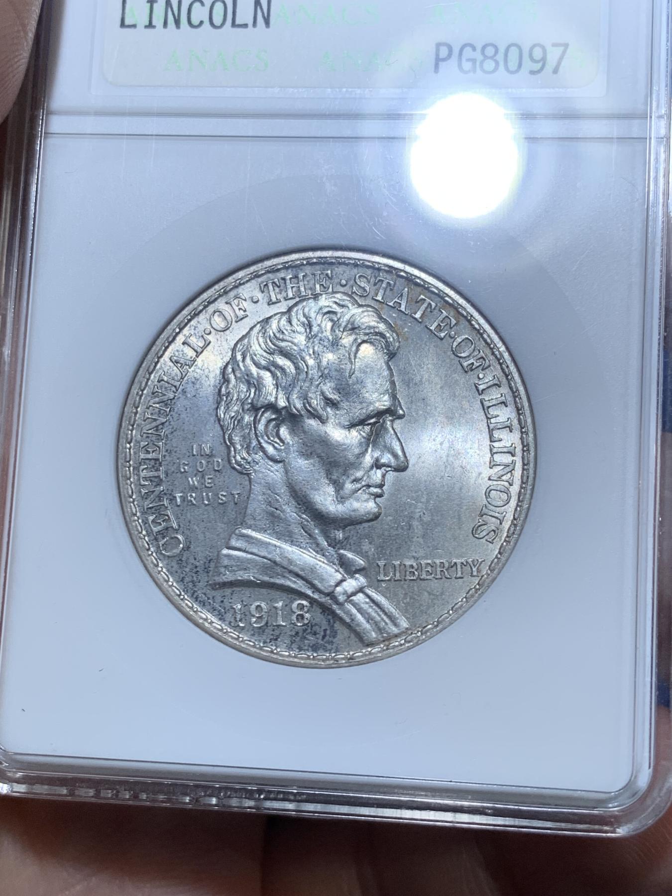 《竞宝斋》第272场- 周日，周一，周二  3场连拍 （全场包邮） ANACS MS64 美国 1918年 林肯半美元银币 纪念币 经典设计 50美分中不可或缺的一枚 早期小白盒 状态很好