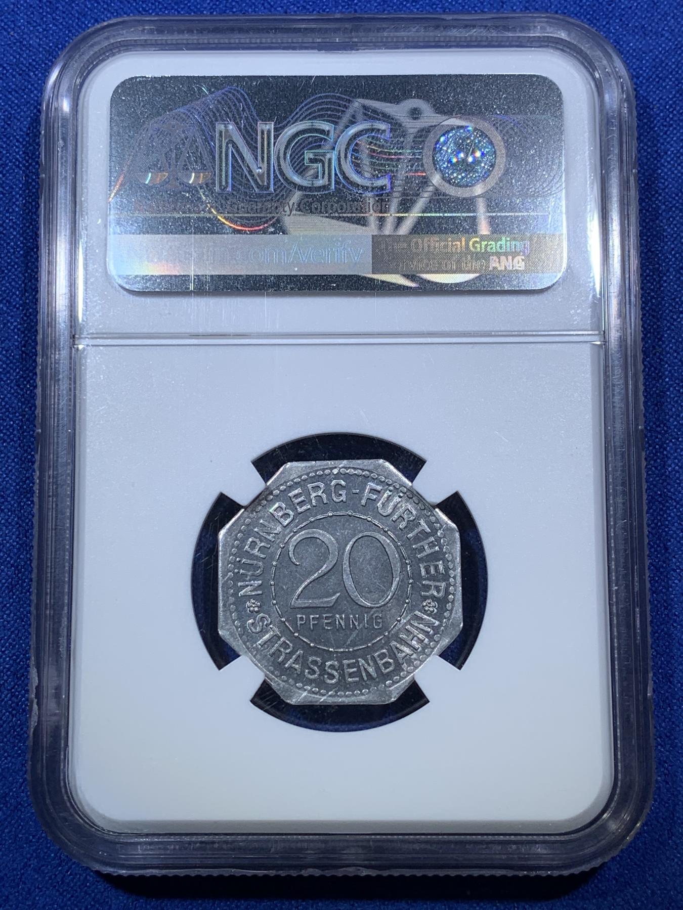 《竞宝斋》第272场- 周日，周一，周二  3场连拍 （全场包邮） NGC MS64 德国1920德紧纽伦堡电车代用币20芬尼八角币