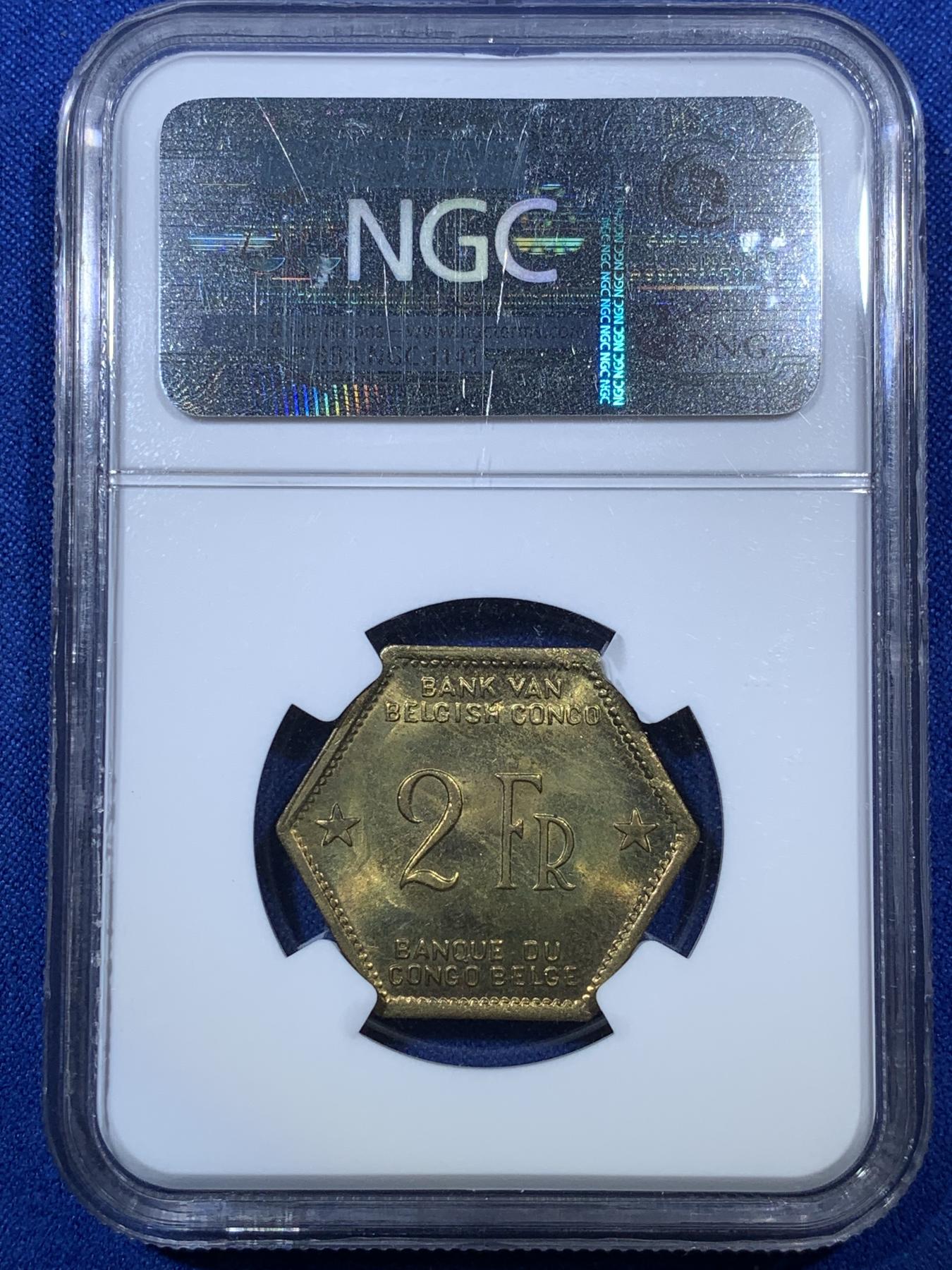 《竞宝斋》第272场- 周日，周一，周二  3场连拍 （全场包邮） NGC MS64 比属刚果1943年六边形大象2法郎 全原光少见