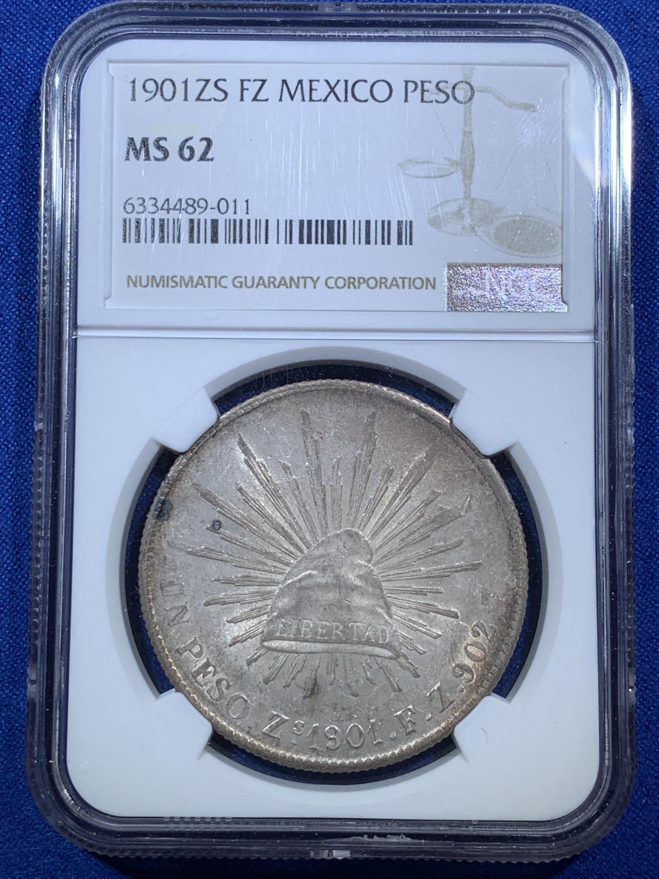 《竞宝斋》第272场- 周日，周一，周二  3场连拍 （全场包邮） NGC MS62 墨西哥1901年ZS厂直边鹰洋8R银币 淡彩 鹰面金包浆 压印还不错 羽毛比较全