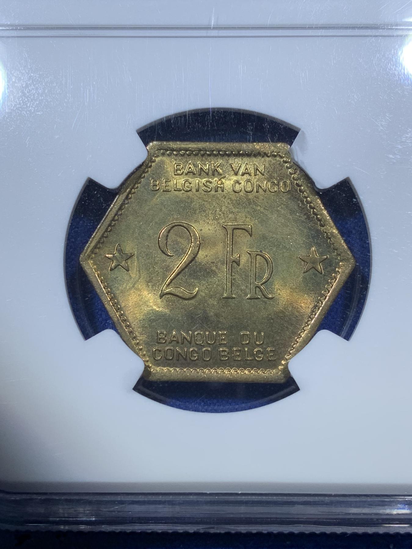 《竞宝斋》第272场- 周日，周一，周二  3场连拍 （全场包邮） NGC MS64 比属刚果1943年六边形大象2法郎 全原光少见