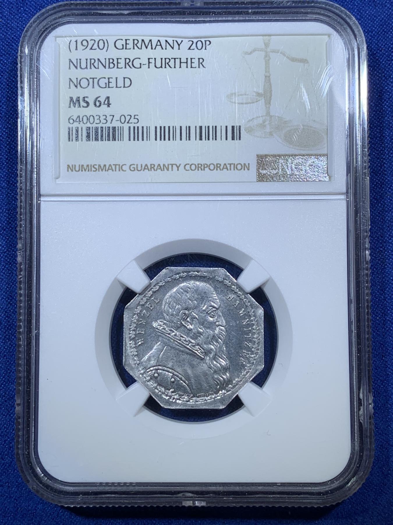 《竞宝斋》第272场- 周日，周一，周二  3场连拍 （全场包邮） NGC MS64 德国1920德紧纽伦堡电车代用币20芬尼八角币