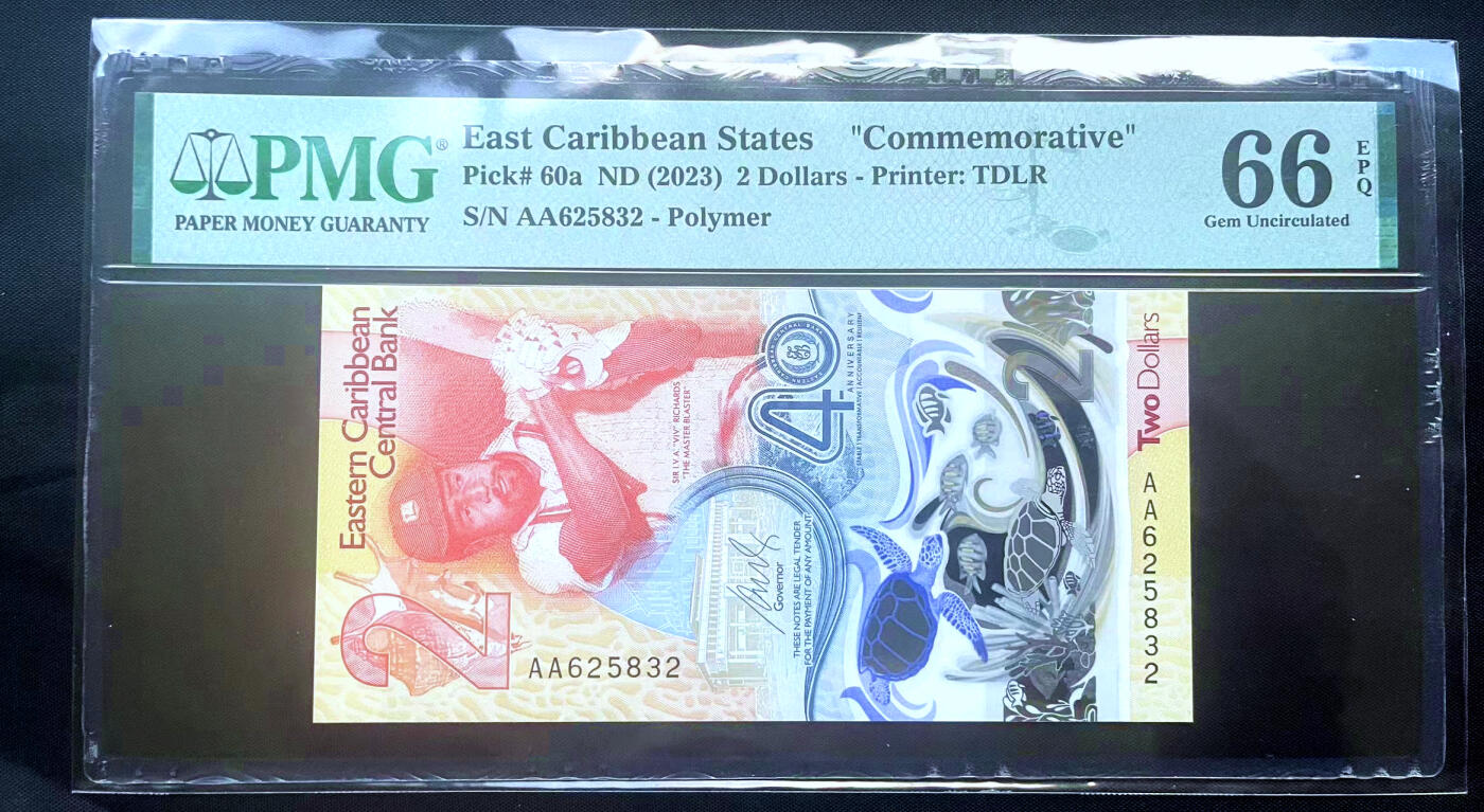 【Blue Auction】✨世界纸币精拍第482期【精】 【AA冠无47 获奖钞】东加勒比 2023年2元 PMG66EPQ 纪念钞