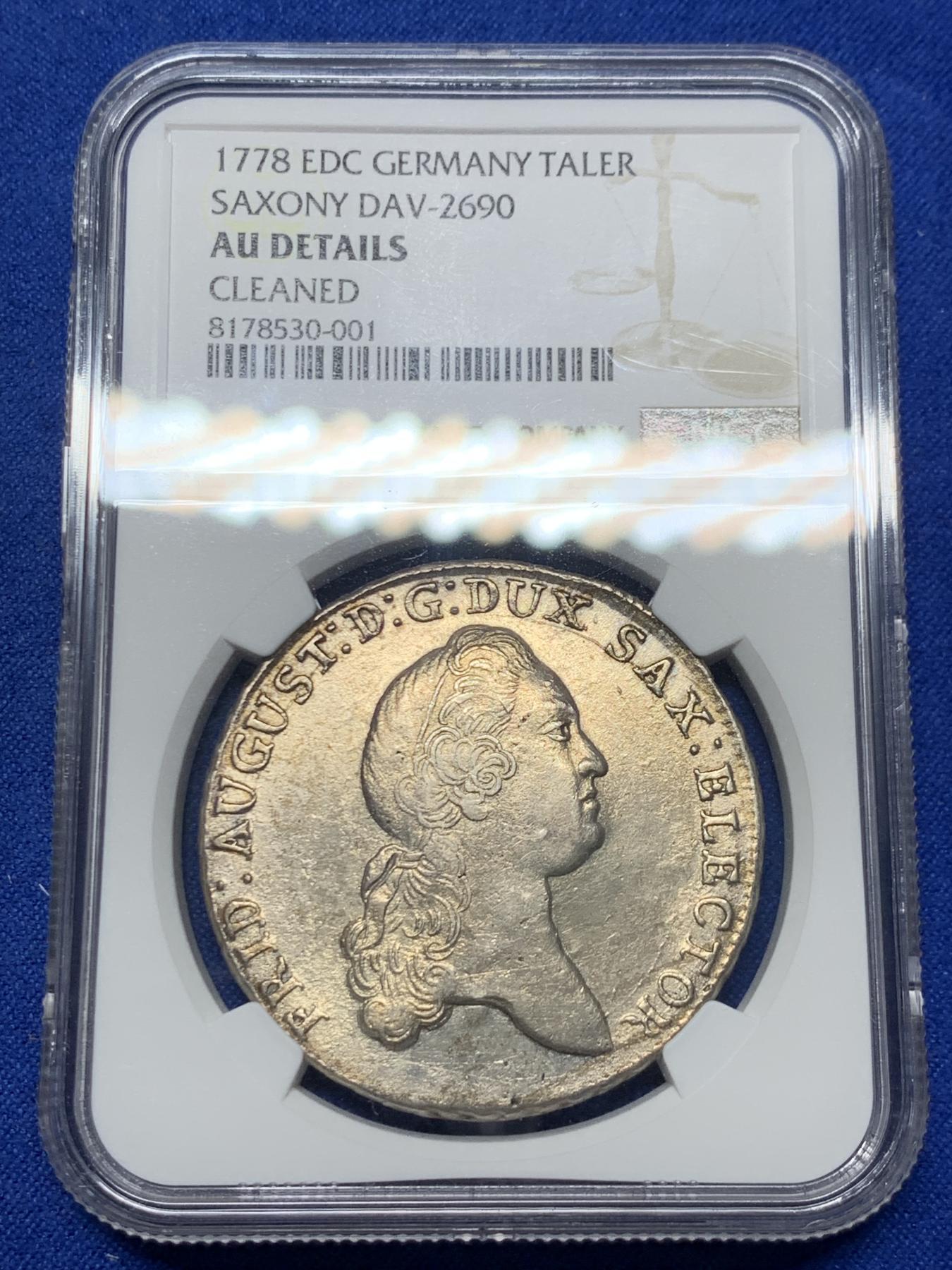 《竞宝斋》第272场- 周日，周一，周二  3场连拍 （全场包邮） NGC AUD 1778年神圣罗马帝国时期萨克森选帝侯银币 1泰勒 萨克森选帝侯腓特烈.奥古斯特三世 此枚为早期的小头像版本比较少见