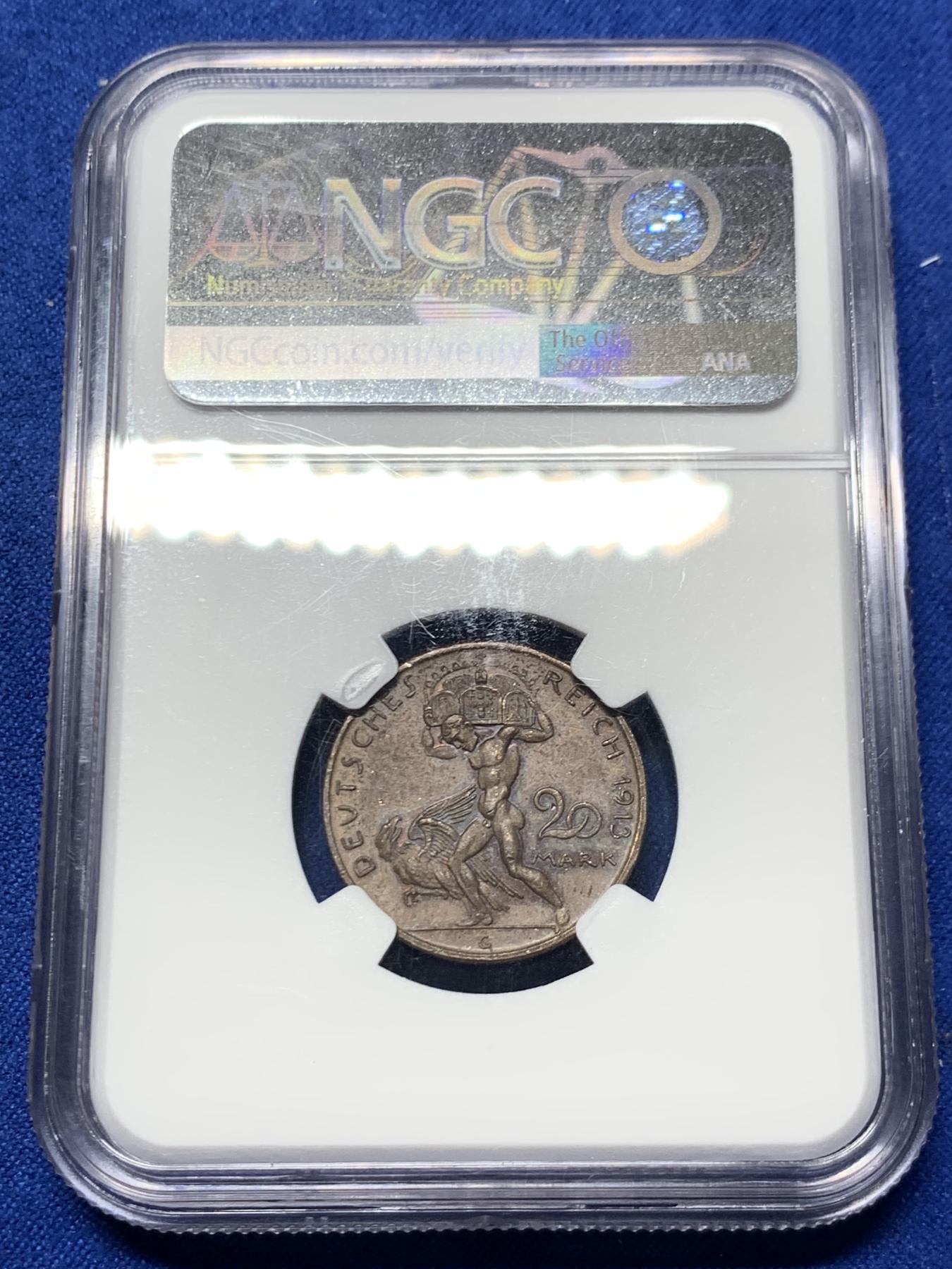 《竞宝斋》第272场- 周日，周一，周二  3场连拍 （全场包邮） NGC PF61BN 德国巴伐利亚1913年20马克精制铜样币 卡尔哥茨大师作品