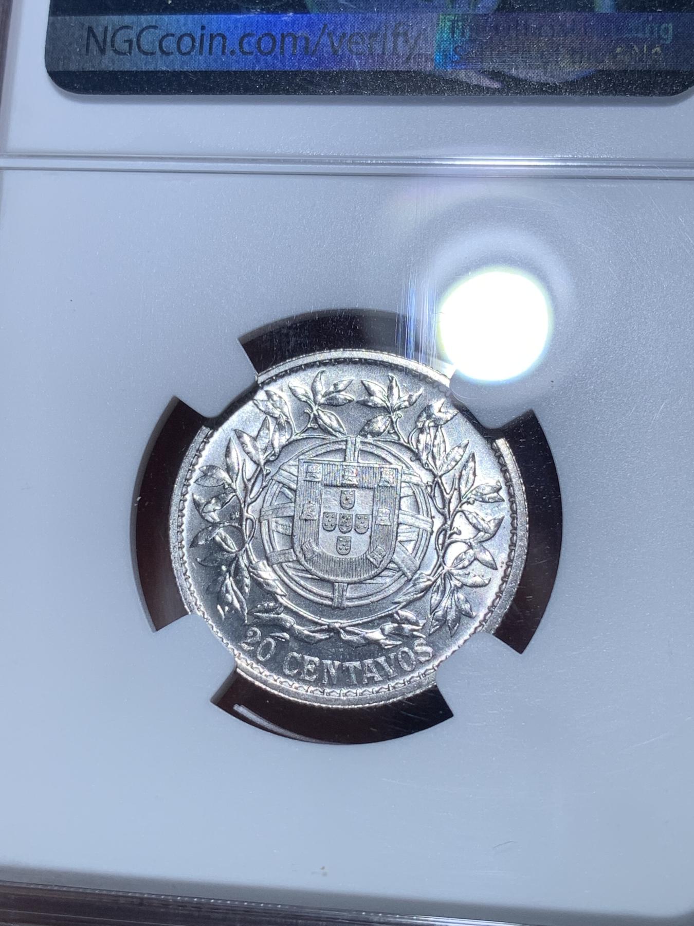 《竞宝斋》第272场- 周日，周一，周二  3场连拍 （全场包邮） NGC MS64 葡萄牙1916年20分银币 高分稀少