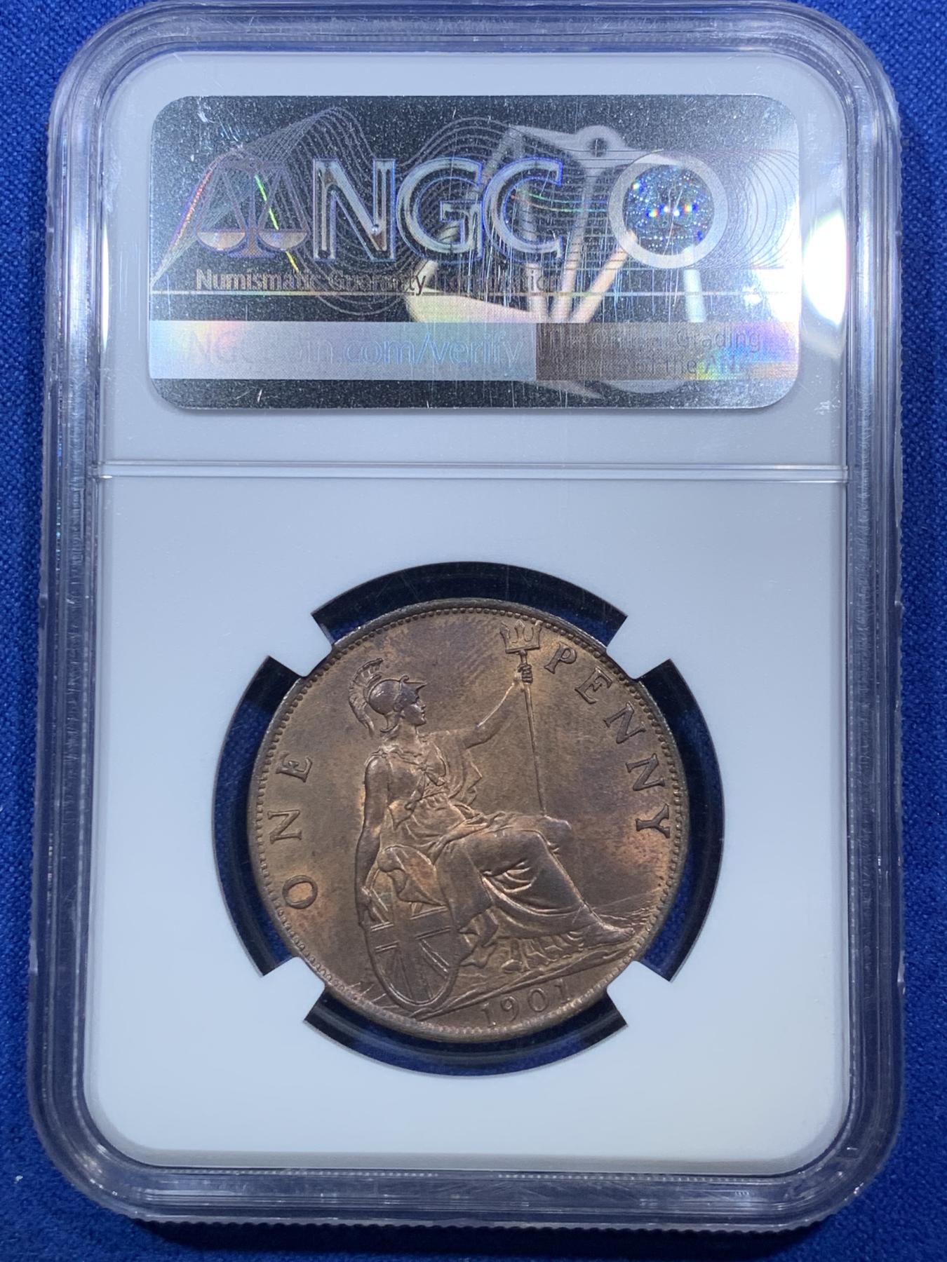 《竞宝斋》第272场- 周日，周一，周二  3场连拍 （全场包邮） NGC MS64RB 英国1901年维多利亚披纱1便士大铜币 铜光闪闪