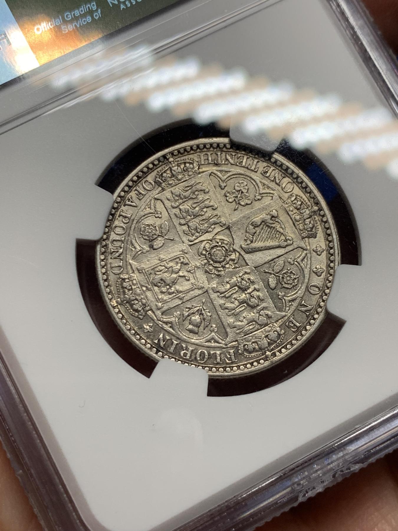 《竞宝斋》第272场- 周日，周一，周二  3场连拍 （全场包邮） NGC AU50 英国1849年维多利亚无神弗洛林 热门品种 淡包浆深打 唯美小维