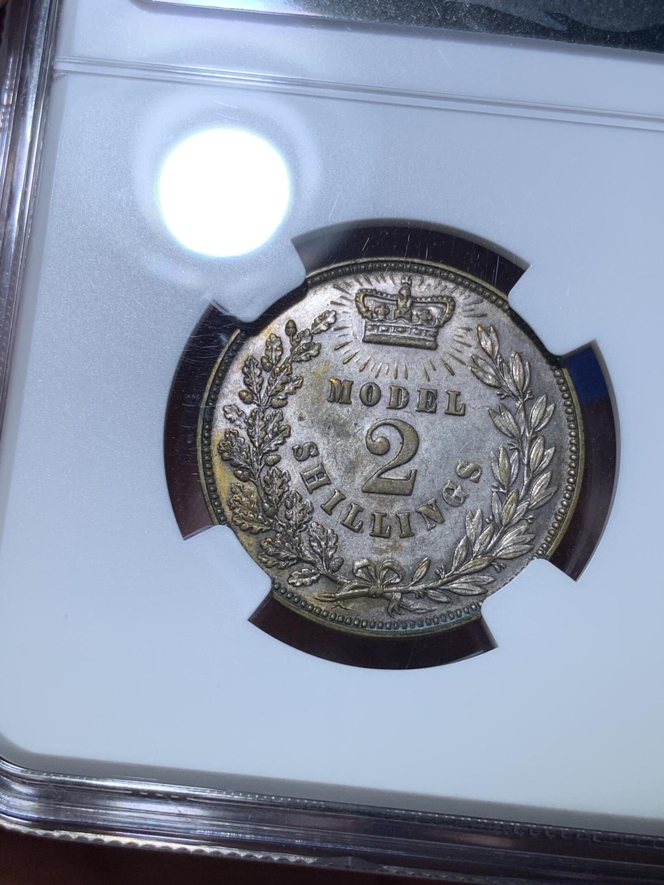 《竞宝斋》第272场- 周日，周一，周二  3场连拍 （全场包邮） NGC MS62 英国1850年 2先令 与双色克朗同属一个系列 非常少见