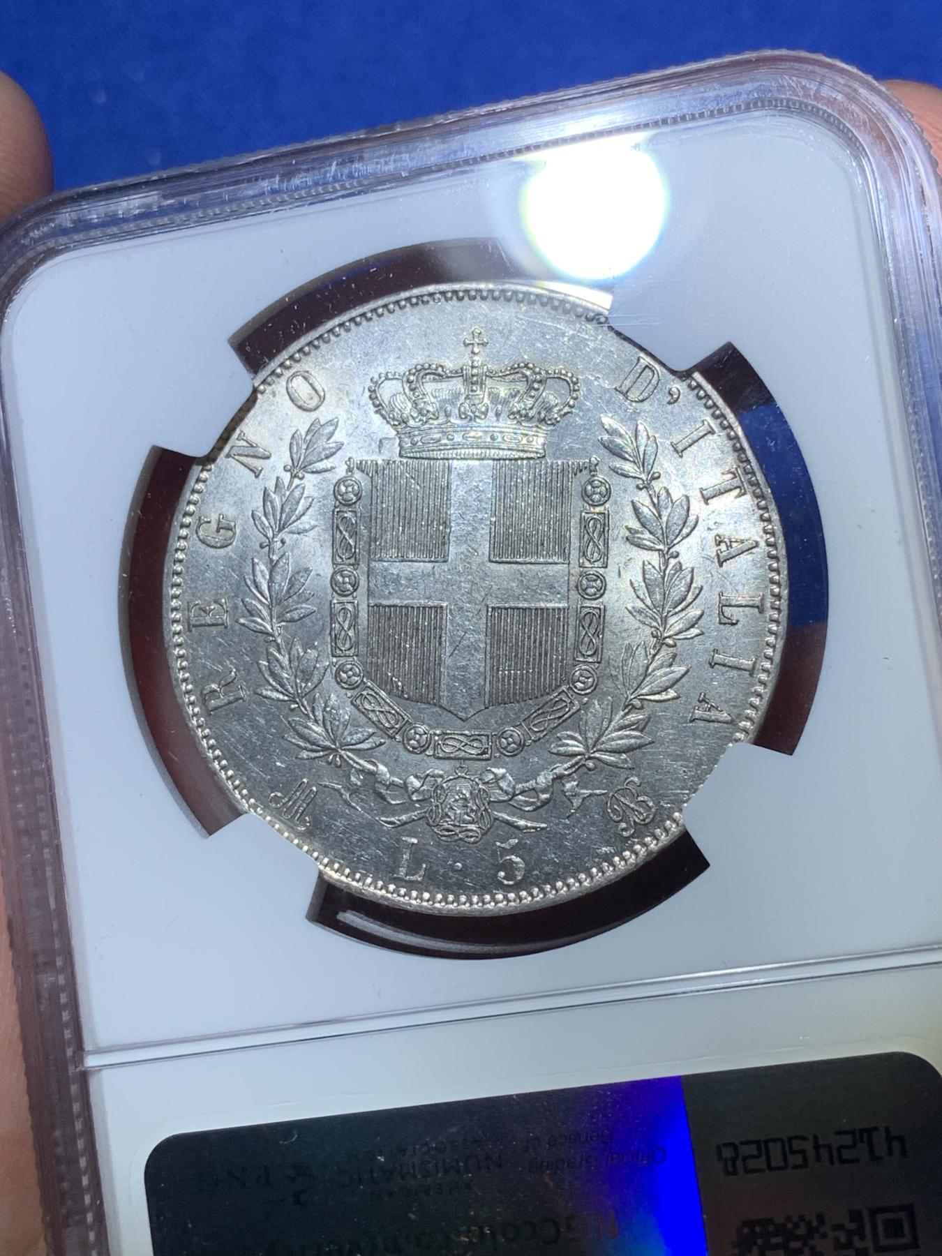 《竞宝斋》第272场- 周日，周一，周二  3场连拍 （全场包邮） NGC UNC 意大利 1871年 5里拉银币 埃马努埃莱二世 经典大银币 细节很好 没分可惜了