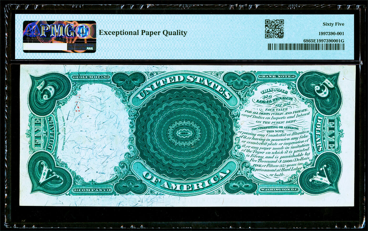 【Blue Auction】✨世界纸币精拍第482期【精】    【仅3张更高分 亚军分】美国 1875年5美金 经典伐木工早期版本 大红库印 设计非常震撼精美 PMG65EPQ 绝品大票幅难得（非1907常见版本）