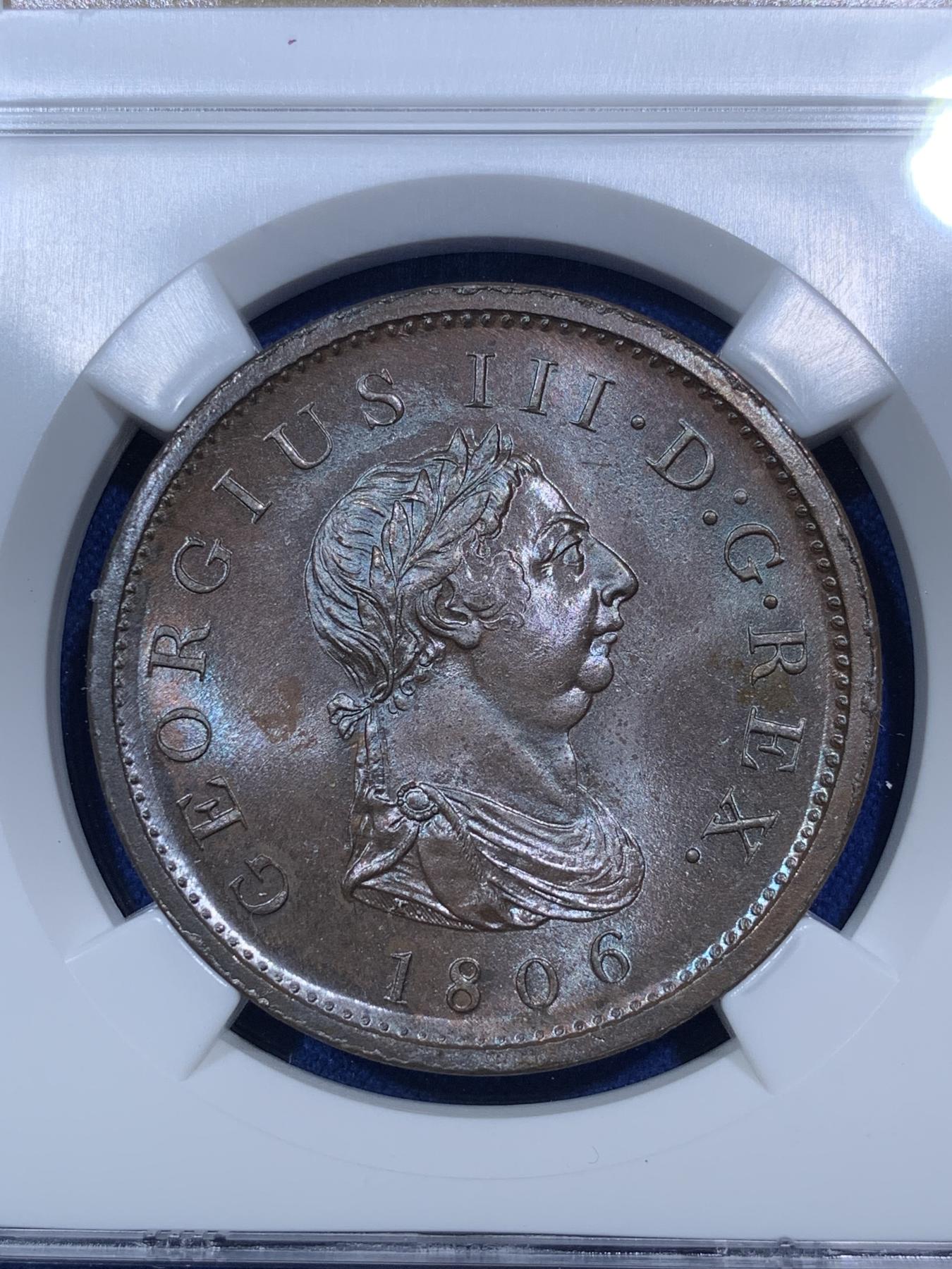 《竞宝斋》第272场- 周日，周一，周二  3场连拍 （全场包邮） NGC MS64BN 英国1806年乔治三世1便士铜币（发行仅2个年份的早期大铜币，带有紫色光泽，其出现有特殊背景和历史渊源）