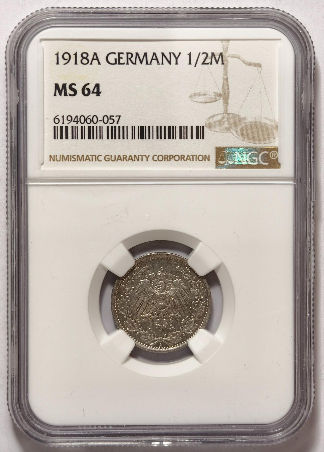 紫瑗钱币——第428期 德国 1918年 A版 第二帝国 1/2马克 银币 NGC MS64