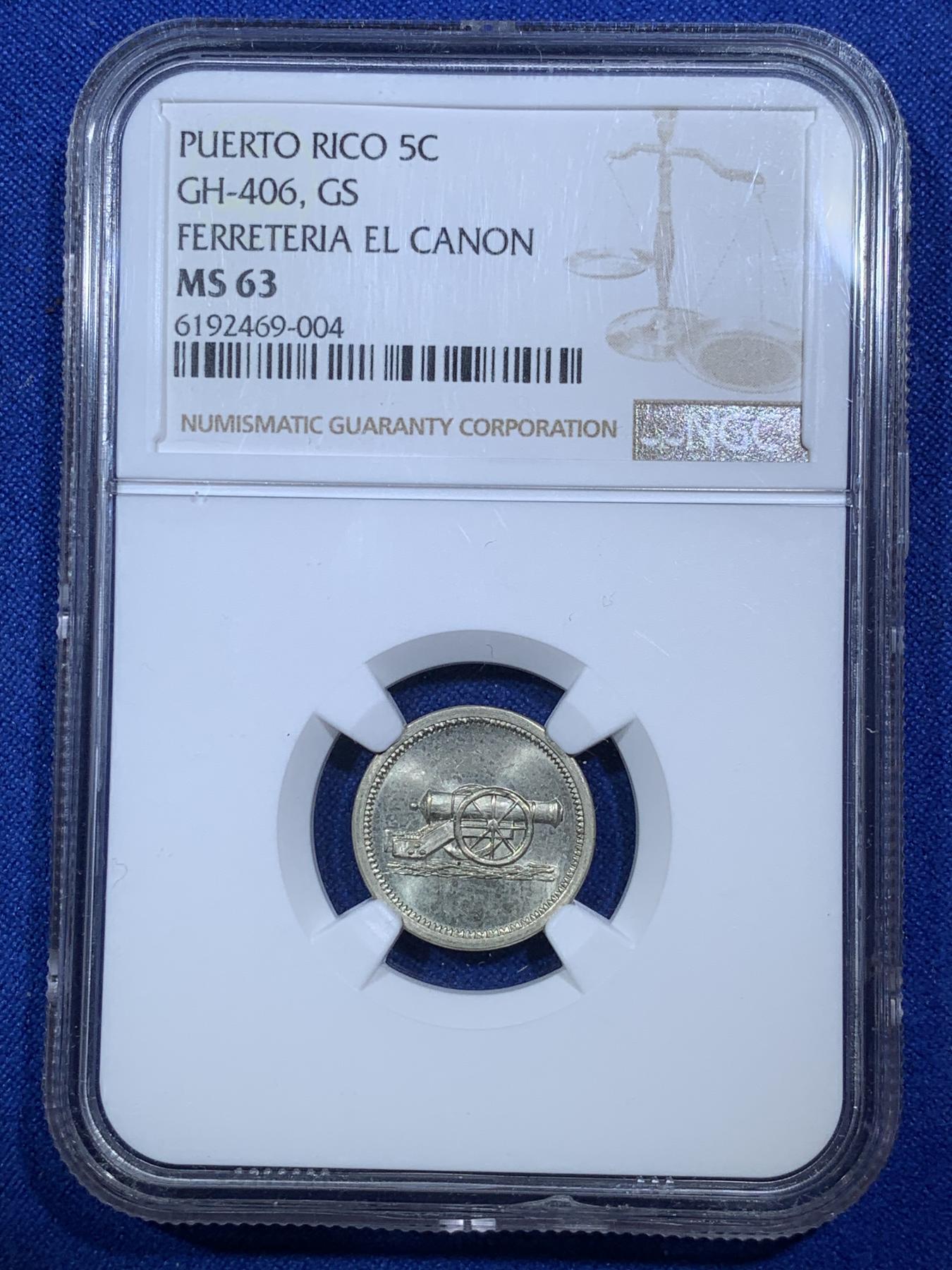 《竞宝斋》第272场- 周日，周一，周二  3场连拍 （全场包邮） NGC MS63 波多黎各 1895年 炮王5分代用币 非常少见的美洲代币 大炮细节动人 丝绸底板 状态很棒