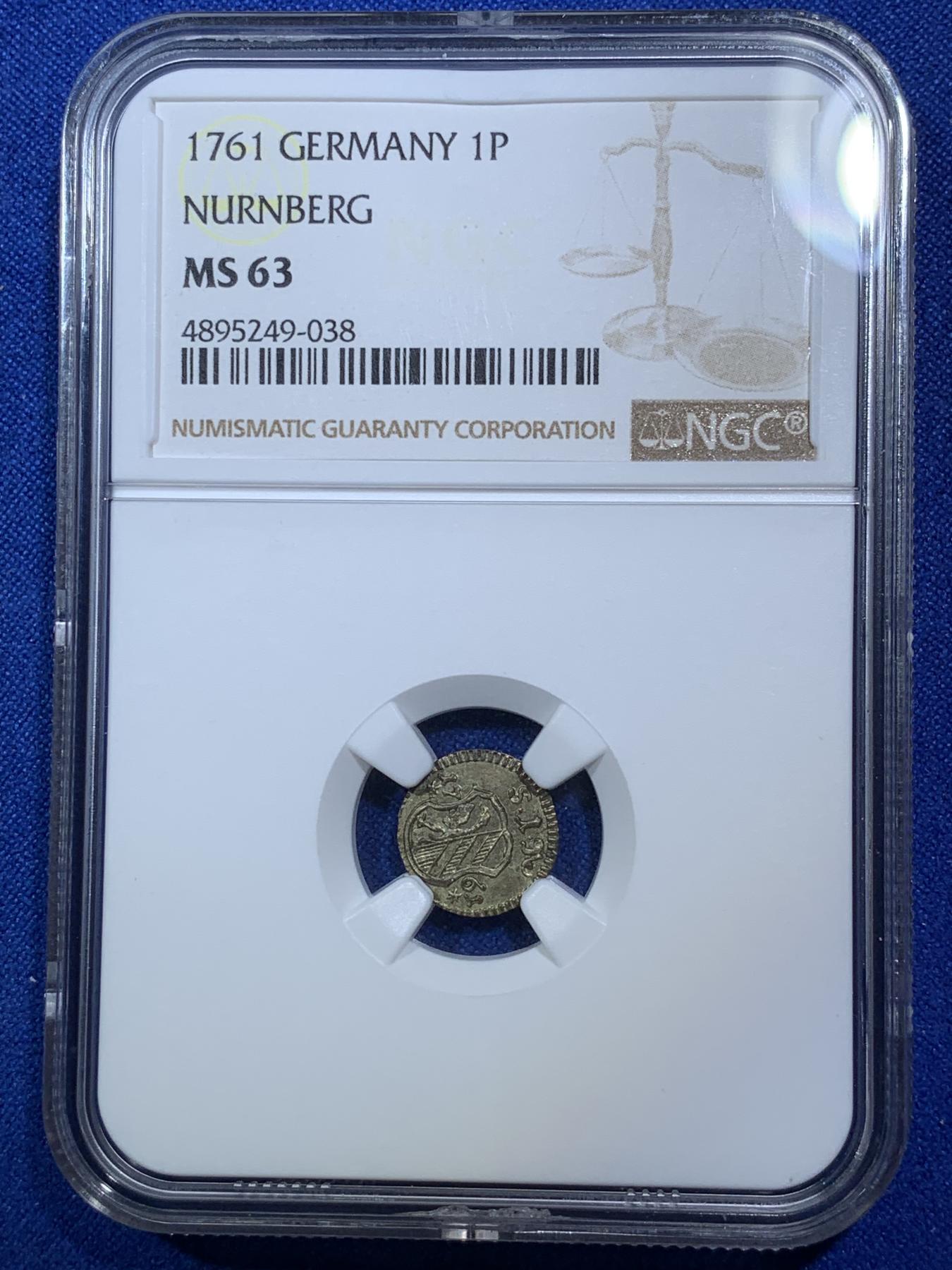 《竞宝斋》第272场- 周日，周一，周二  3场连拍 （全场包邮） NGC MS63 1761年德国纽伦堡1芬尼银币