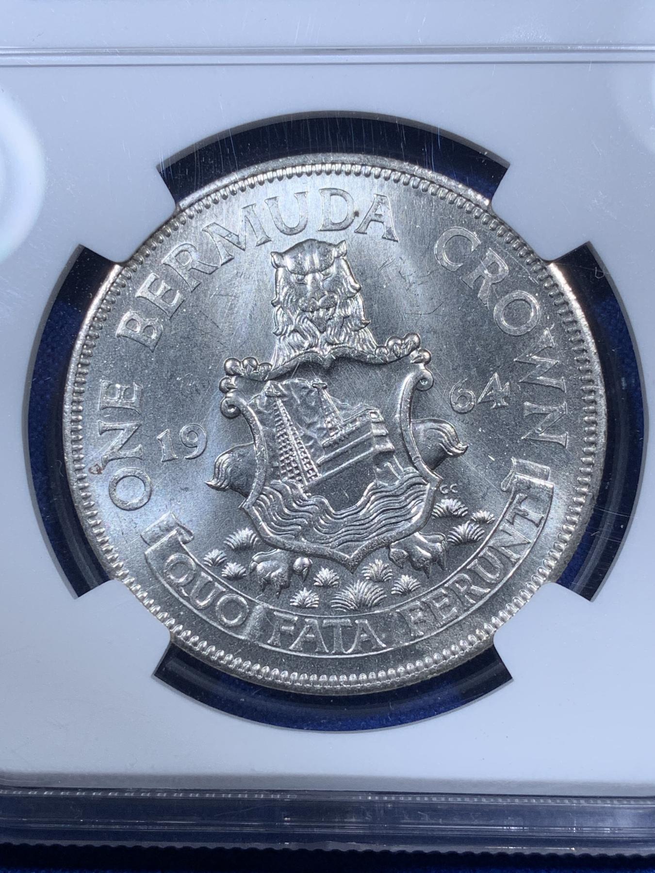 《竞宝斋》第272场- 周日，周一，周二  3场连拍 （全场包邮） NGC MS64 英属百慕大1964年伊丽莎白二世青年头像克朗银币 经典女王头像