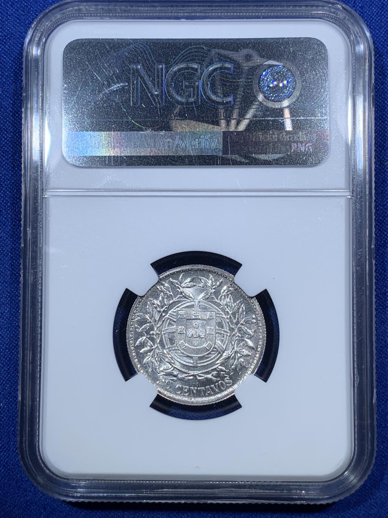 《竞宝斋》第272场- 周日，周一，周二  3场连拍 （全场包邮） NGC MS64 葡萄牙1916年20分银币 高分稀少