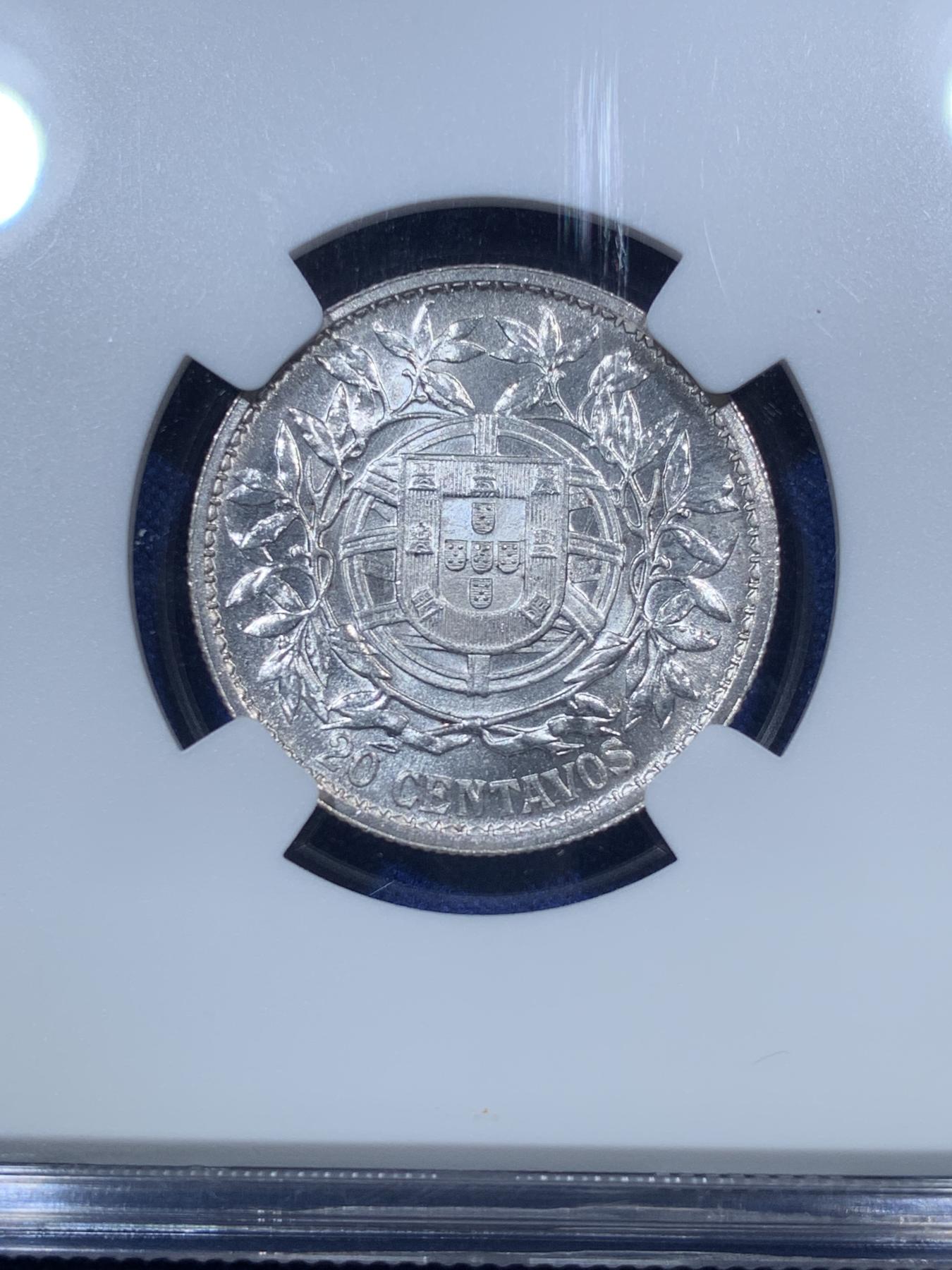 《竞宝斋》第272场- 周日，周一，周二  3场连拍 （全场包邮） NGC MS64 葡萄牙1916年20分银币 高分稀少