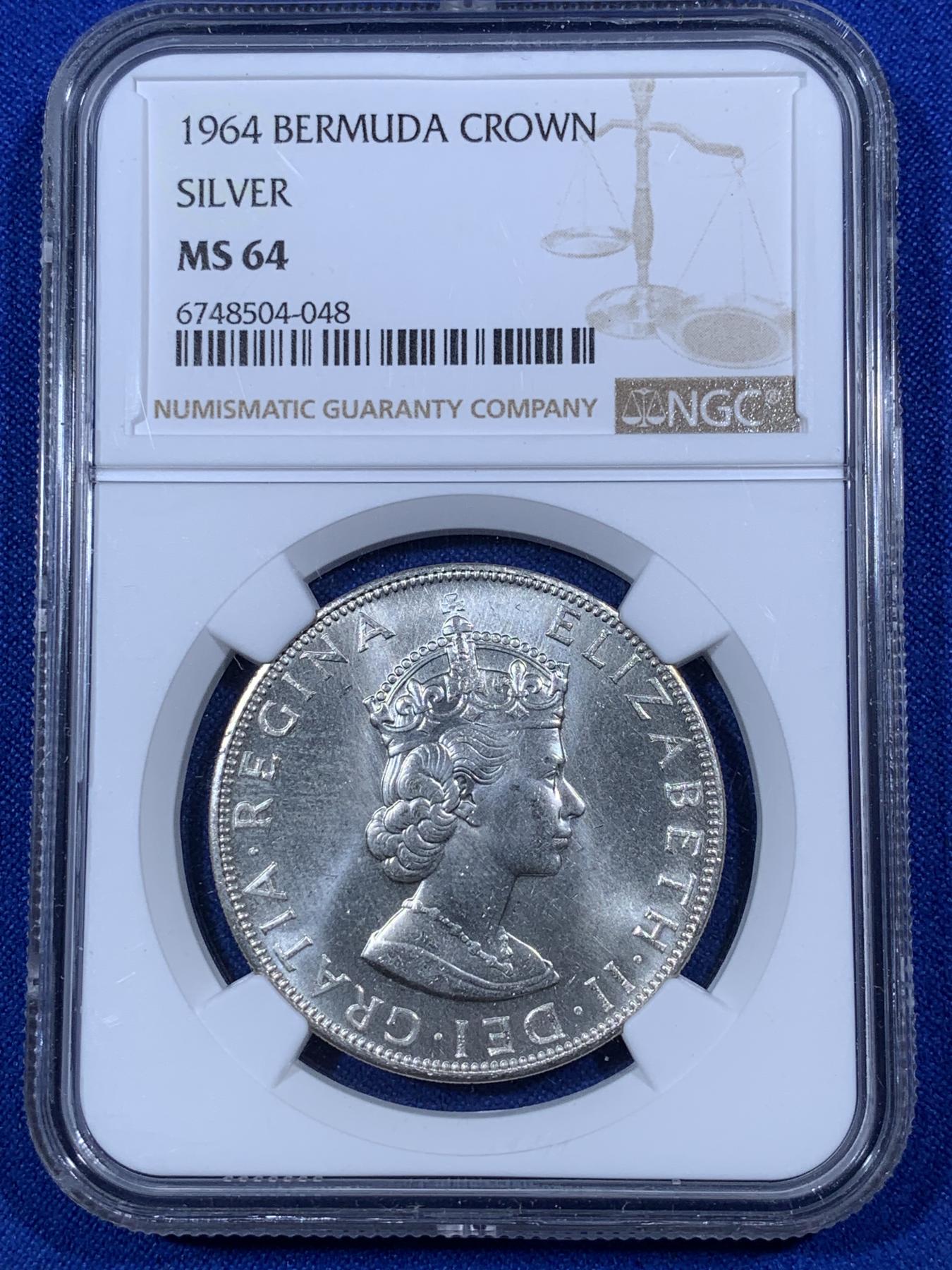 《竞宝斋》第272场- 周日，周一，周二  3场连拍 （全场包邮） NGC MS64 英属百慕大1964年伊丽莎白二世青年头像克朗银币 经典女王头像