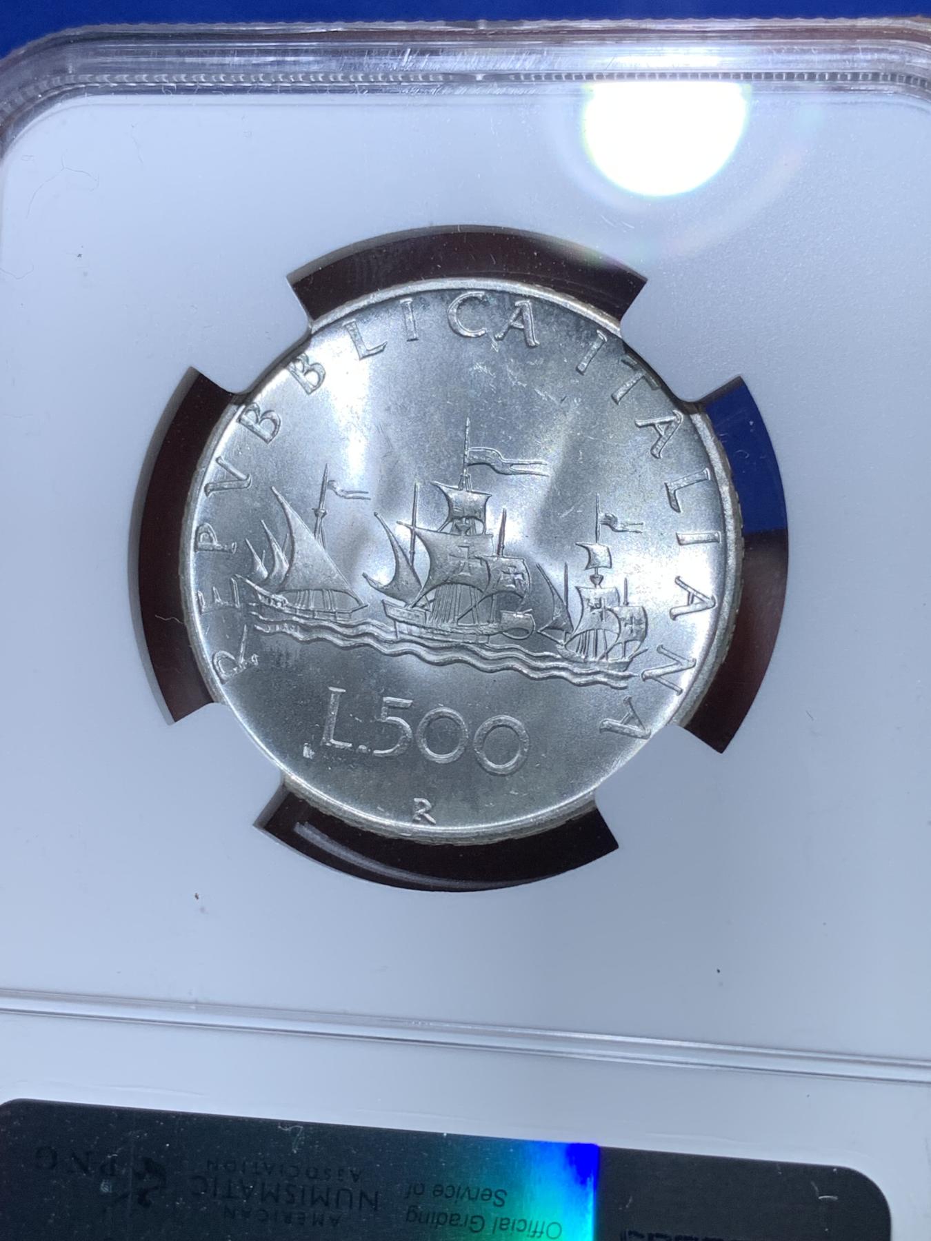 《竞宝斋》第272场- 周日，周一，周二  3场连拍 （全场包邮） NGC MS64 意大利 1967年 500里拉 美女帆船 银币 卷拆品