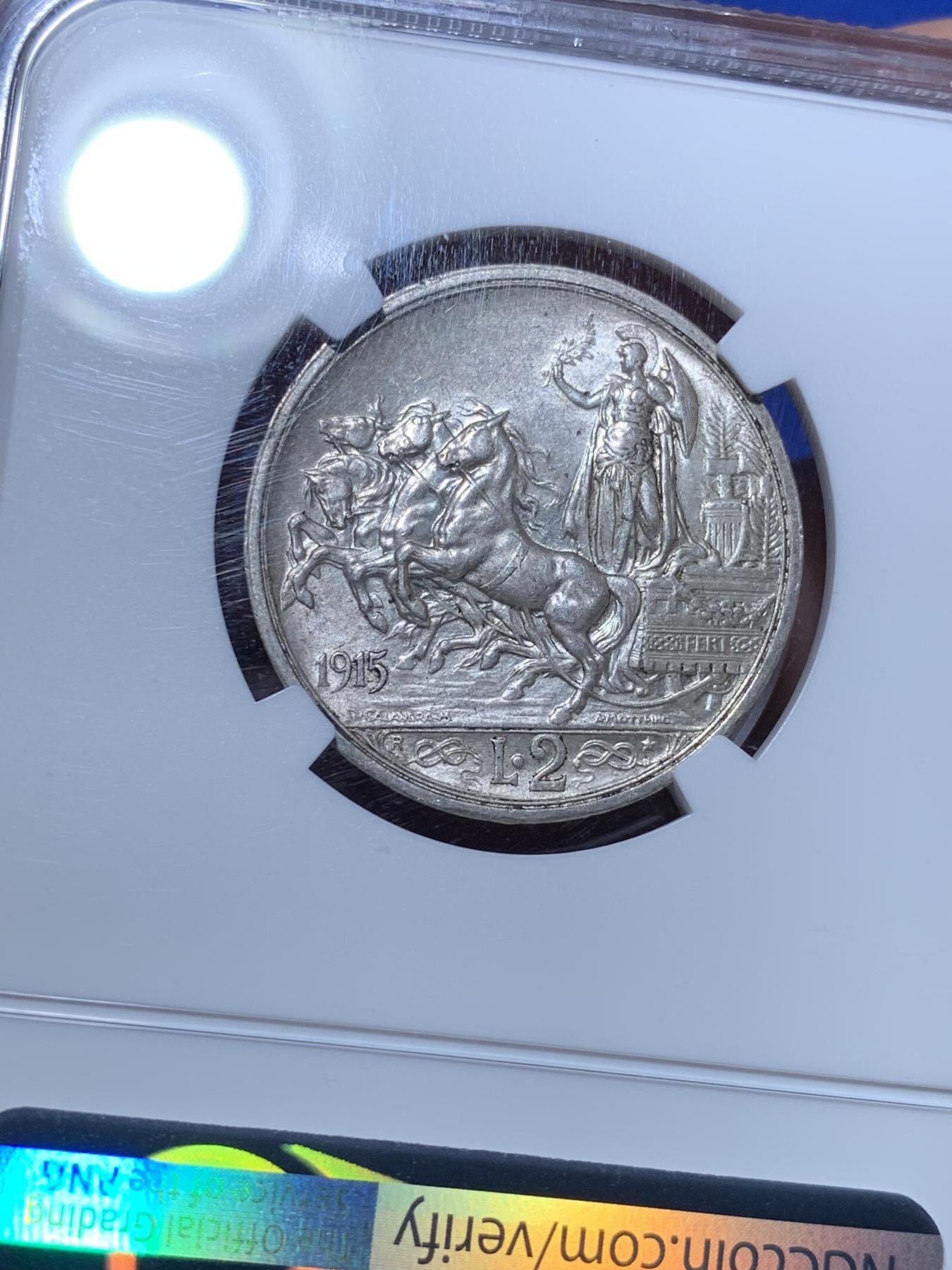 《竞宝斋》第272场- 周日，周一，周二  3场连拍 （全场包邮） NGC MS62 意大利1915年小马车2里拉银币 经典品种 意系入门必备