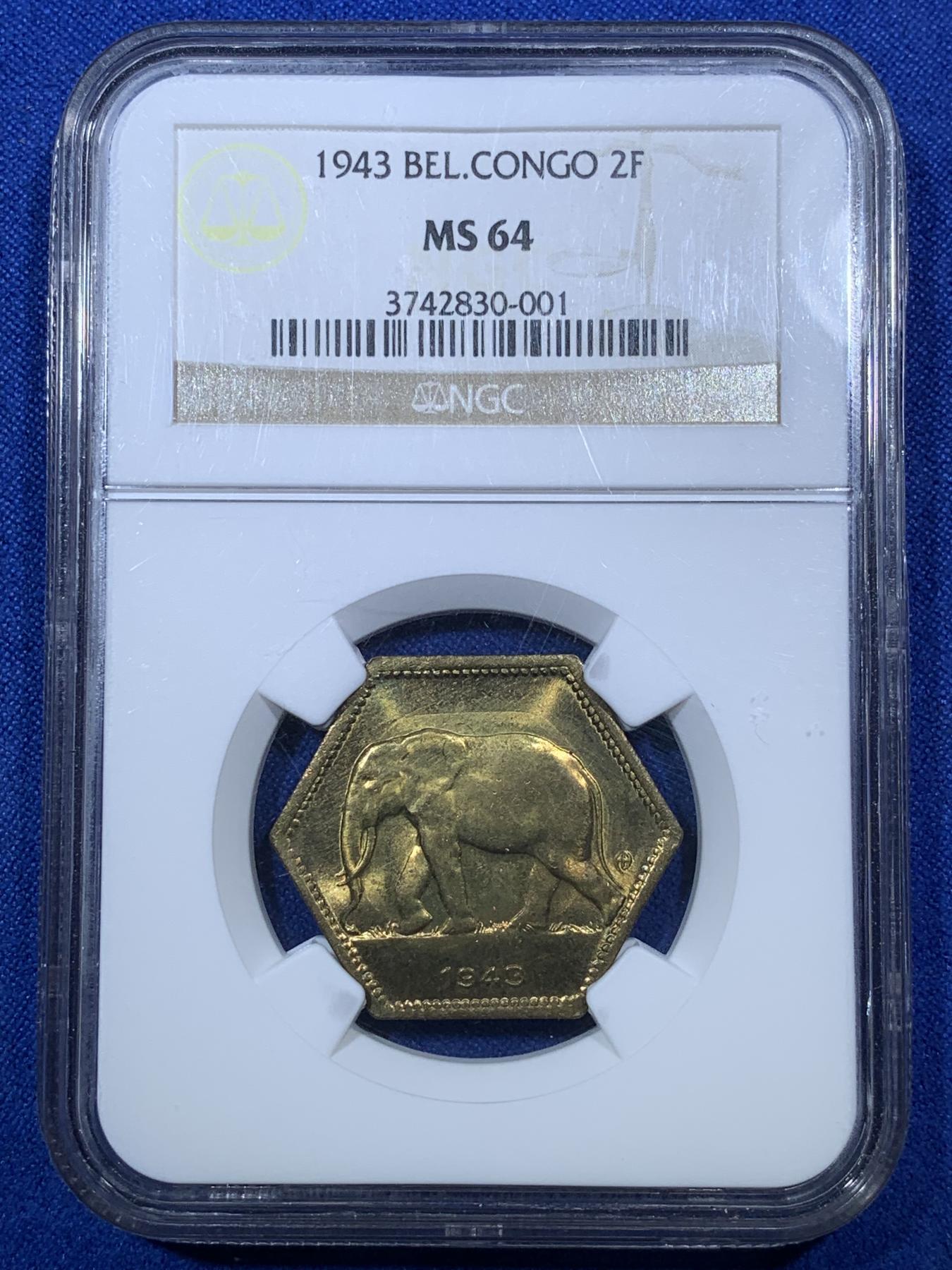 《竞宝斋》第272场- 周日，周一，周二  3场连拍 （全场包邮） NGC MS64 比属刚果1943年六边形大象2法郎 全原光少见