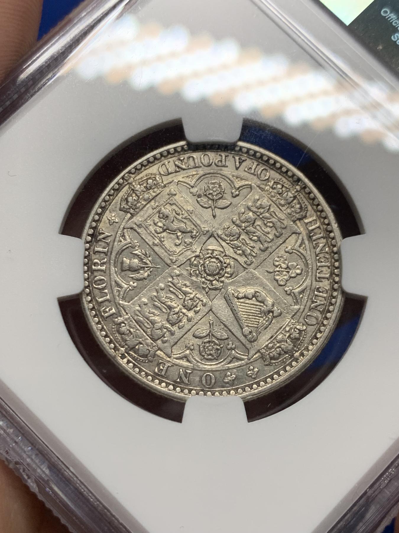 《竞宝斋》第272场- 周日，周一，周二  3场连拍 （全场包邮） NGC AU50 英国1849年维多利亚无神弗洛林 热门品种 淡包浆深打 唯美小维