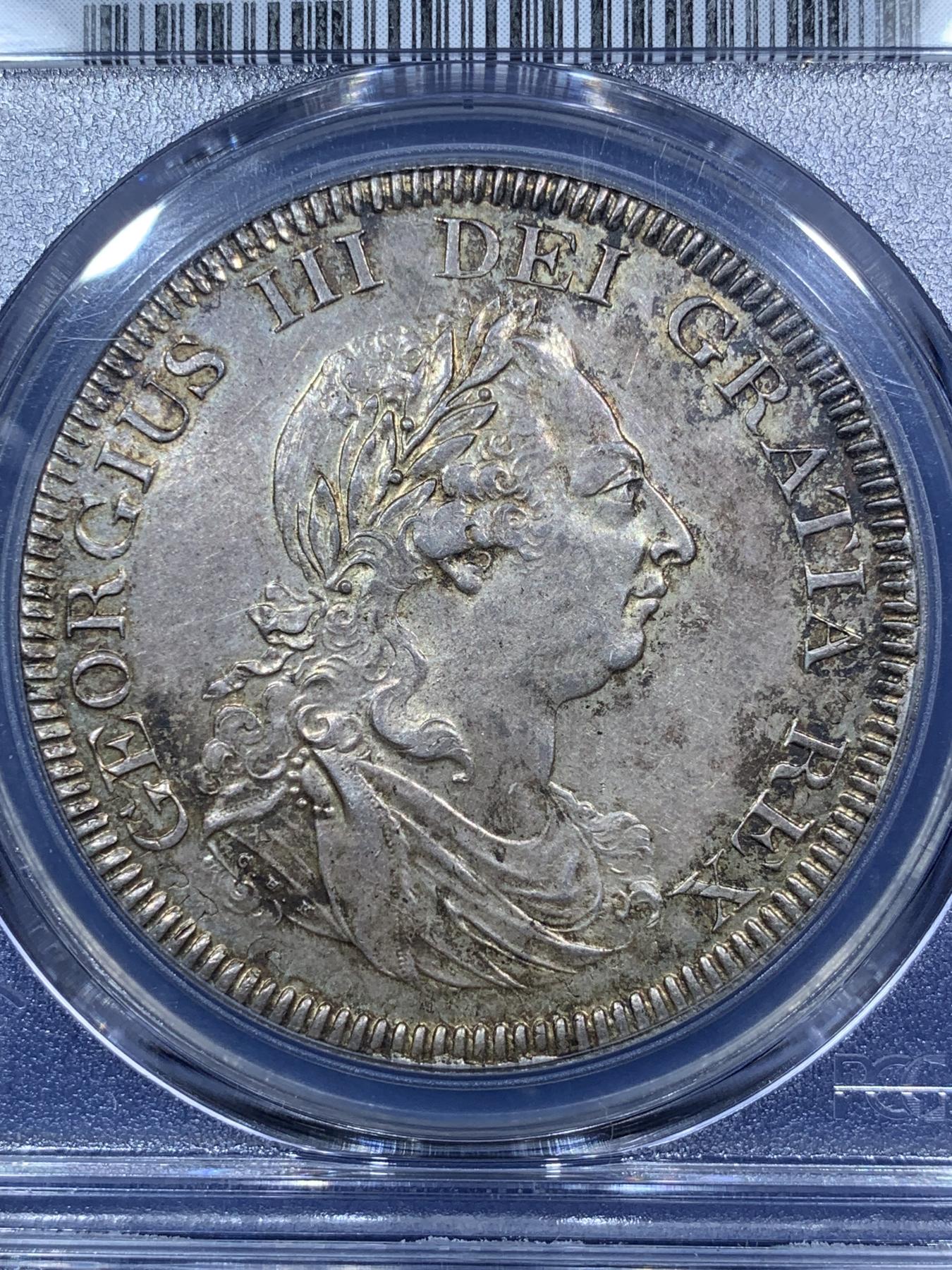 《竞宝斋》第272场- 周日，周一，周二  3场连拍 （全场包邮） PCGS MS62 英国1804乔治三世英格兰银行五先令银币 通体原味深彩包浆 深打 底板的双柱币胚依稀可见 底板丝滑 比一般的62感官上好一些