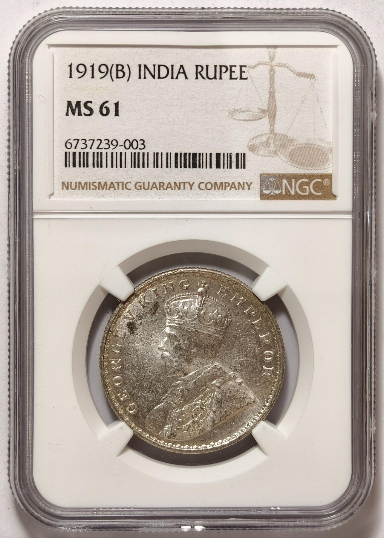 紫瑗钱币——第464期 英属印度 1919年 B版 乔治五世 1卢比 银币 NGC MS61