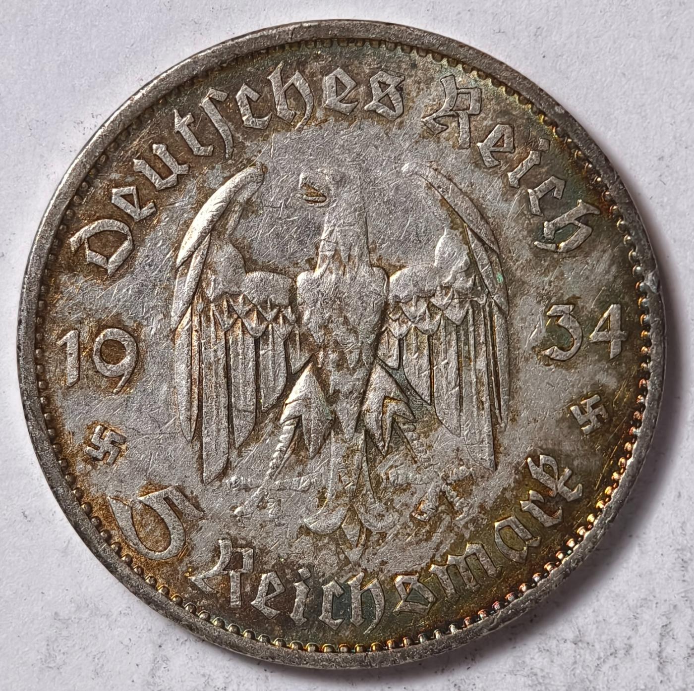 紫瑗钱币——第374期拍卖 德国 1934年 A版 波茨坦教堂 5马克 13.9克 0.9银