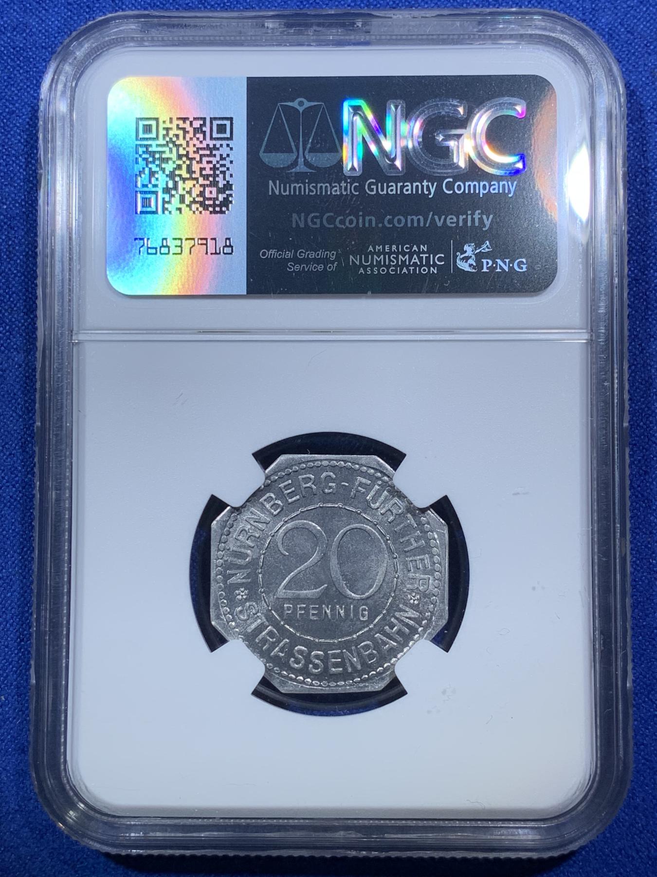 《竞宝斋》第272场- 周日，周一，周二  3场连拍 （全场包邮） NGC MS64 1920年德国紧急状态时期纽伦堡20芬尼代币 景观系列