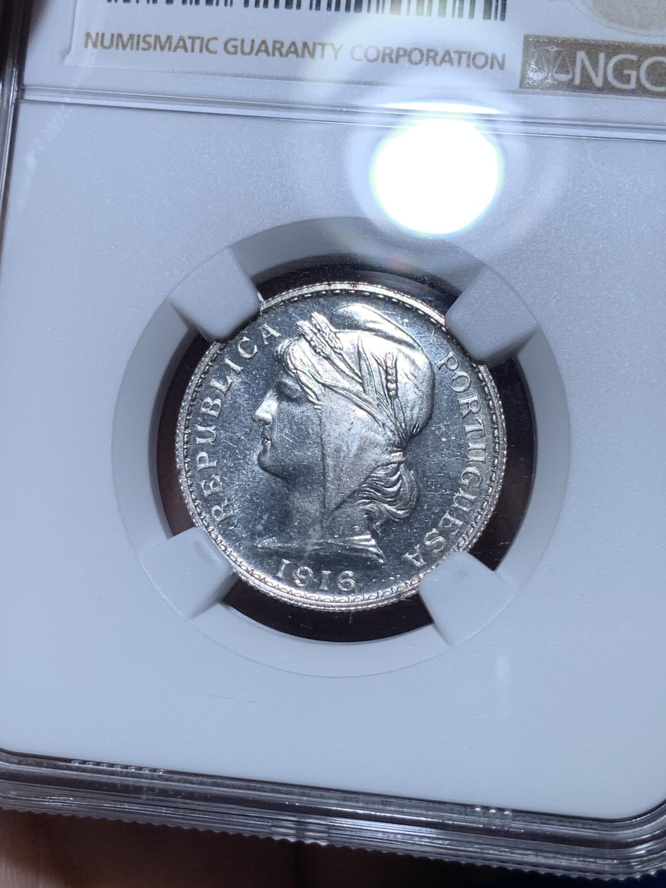 《竞宝斋》第272场- 周日，周一，周二  3场连拍 （全场包邮） NGC MS64 葡萄牙1916年20分银币 高分稀少