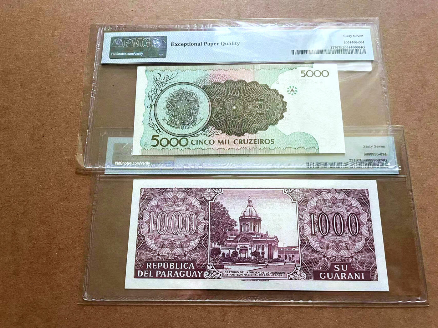 【Blue Auction】✨世界纸币精拍第482期【精】 【一组2张】巴西 1990年5000克鲁塞罗&巴拉圭 2002年1000瓜拉尼 PMG67EPQ 高分