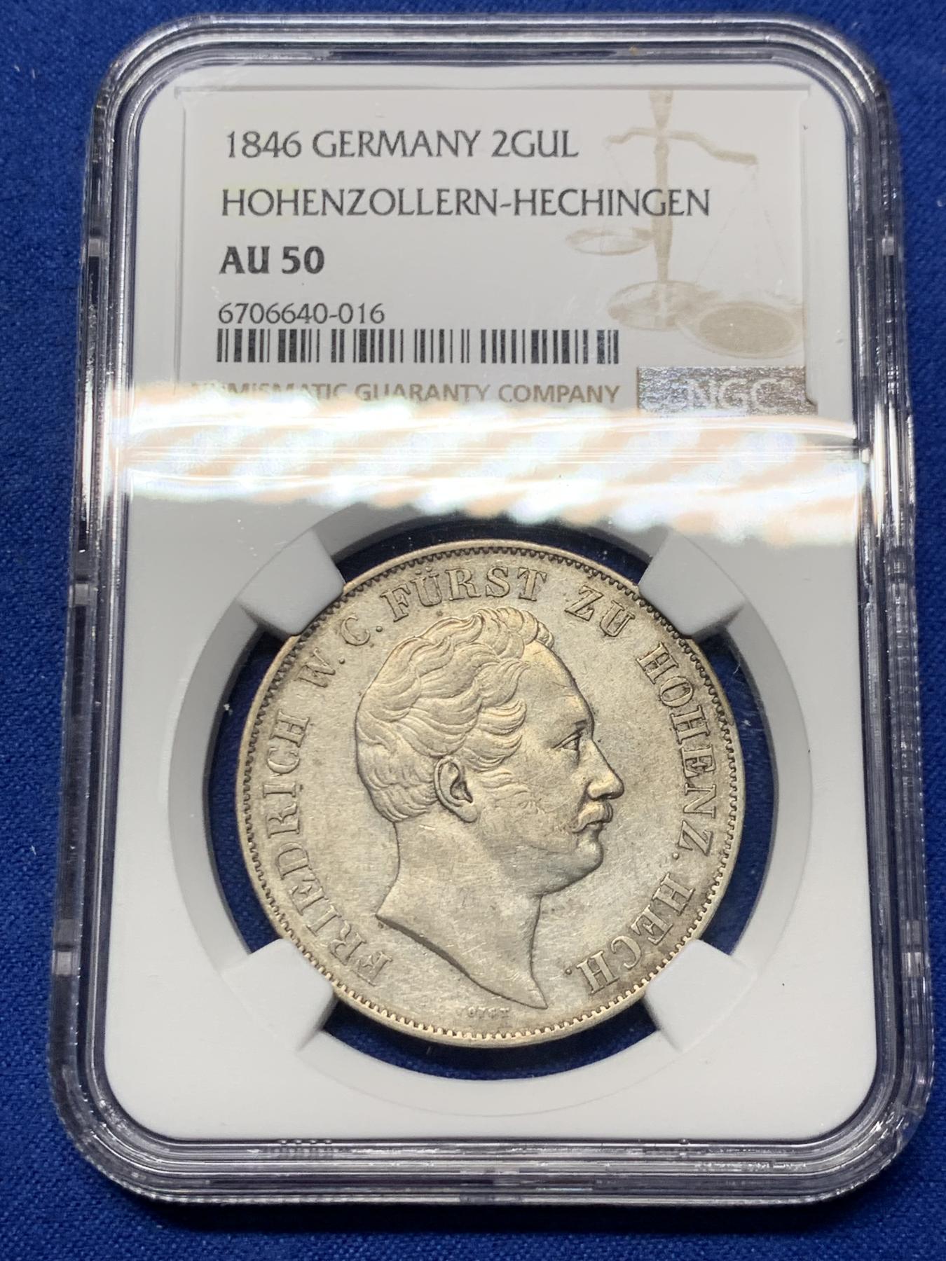 《竞宝斋》第272场- 周日，周一，周二  3场连拍 （全场包邮） 唯一亚军分 NGC AU50 德国 1846 霍亨索伦 2盾银币  21.21克最高55分，4年前7200成交 重量超过后期泰勒不少 对于流通来说4300枚的发行量 足见稀少