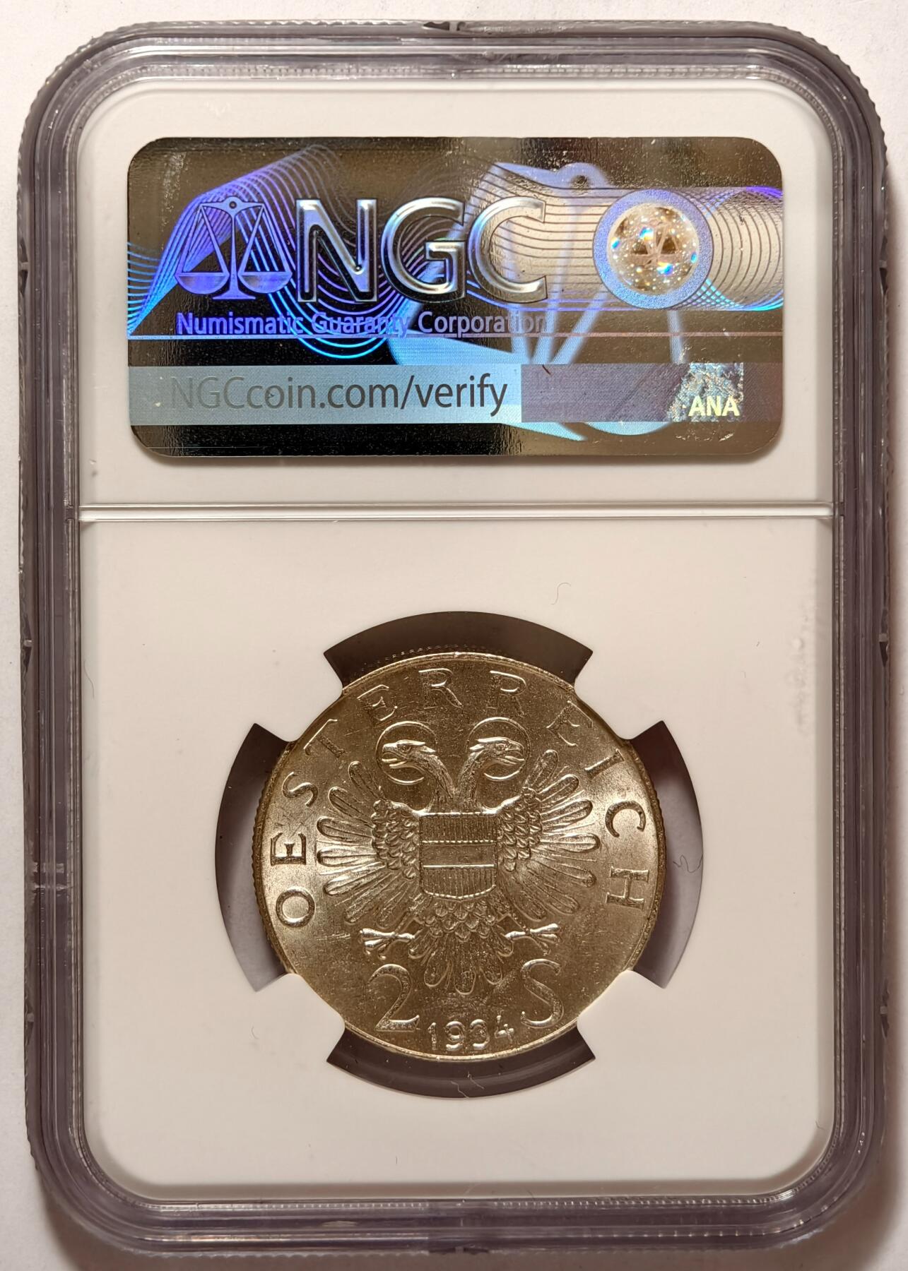 紫瑗钱币——第374期拍卖 奥地利 1934年 恩格尔伯特·多尔夫斯 2先令 银币 NGC MS61
