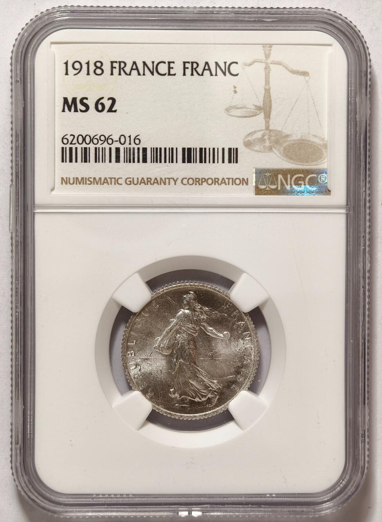 紫瑗钱币——第374期拍卖 法国 1918年 播种女神 1法郎 银币 NGC MS62