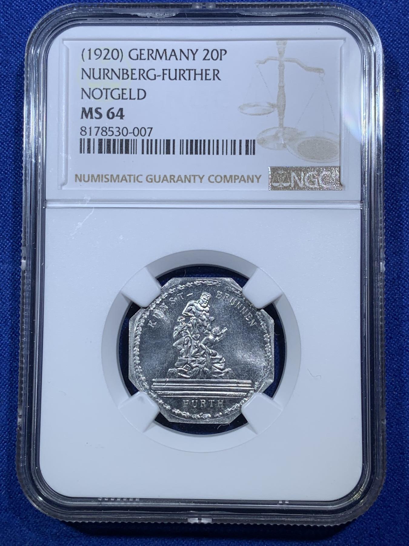 《竞宝斋》第272场- 周日，周一，周二  3场连拍 （全场包邮） NGC MS64 1920年德国紧急状态时期纽伦堡20芬尼代币 景观系列