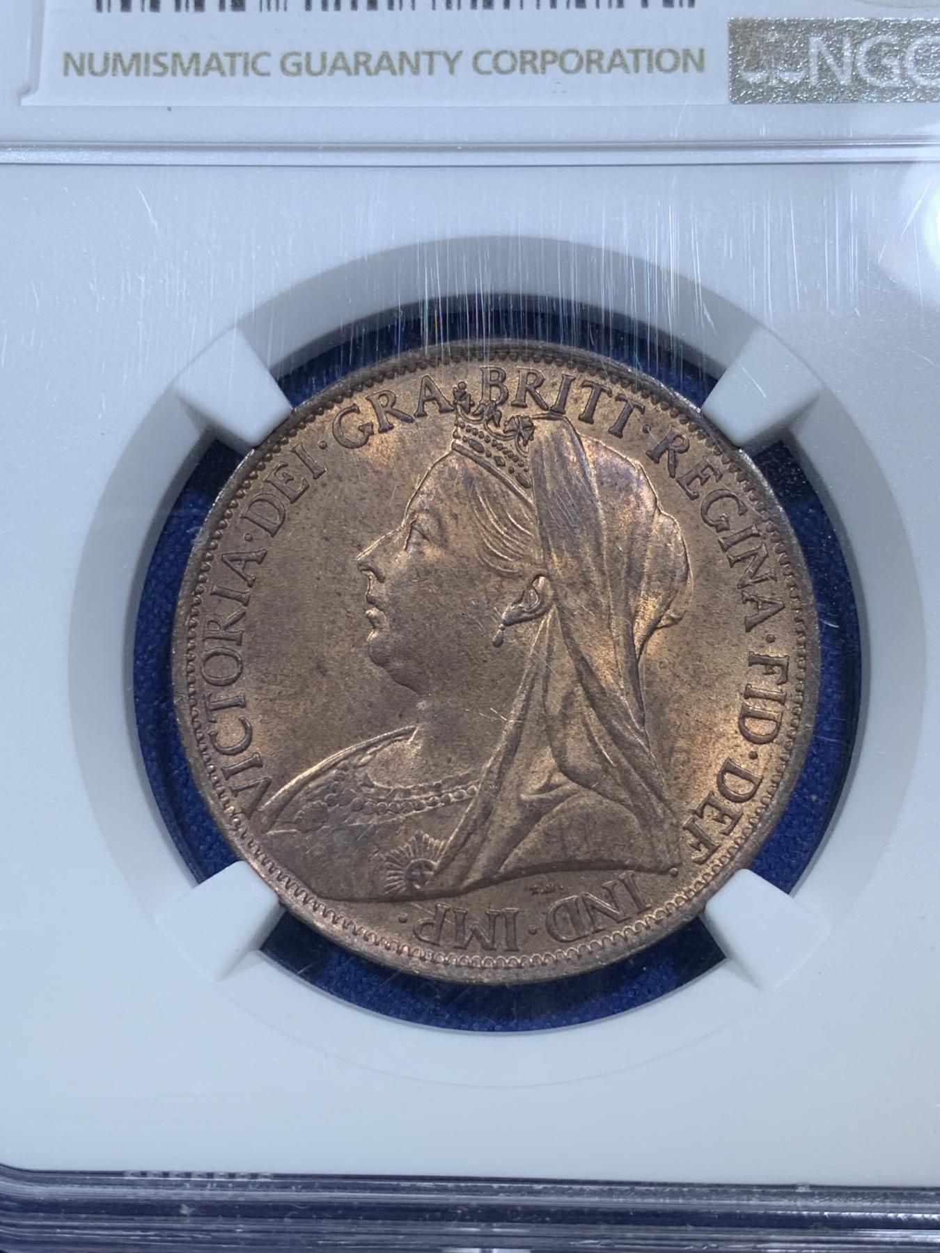 《竞宝斋》第272场- 周日，周一，周二  3场连拍 （全场包邮） NGC MS64RB 英国1901年维多利亚披纱1便士大铜币 铜光闪闪