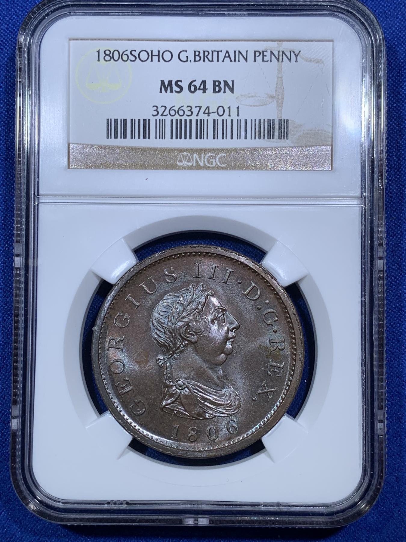《竞宝斋》第272场- 周日，周一，周二  3场连拍 （全场包邮） NGC MS64BN 英国1806年乔治三世1便士铜币（发行仅2个年份的早期大铜币，带有紫色光泽，其出现有特殊背景和历史渊源）