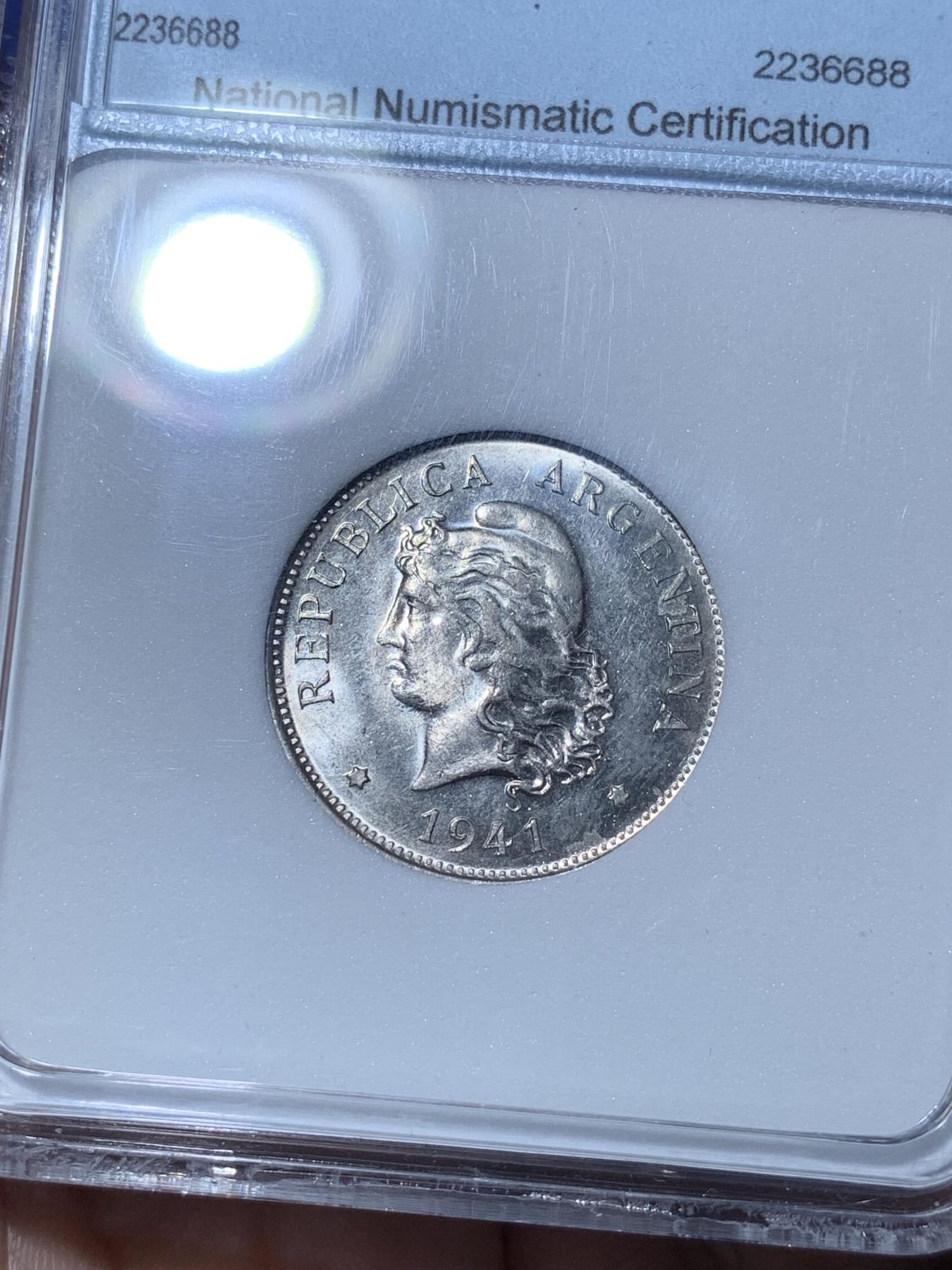 《竞宝斋》第272场- 周日，周一，周二  3场连拍 （全场包邮） NNC MS66 阿根廷1941自由女神50分镍币