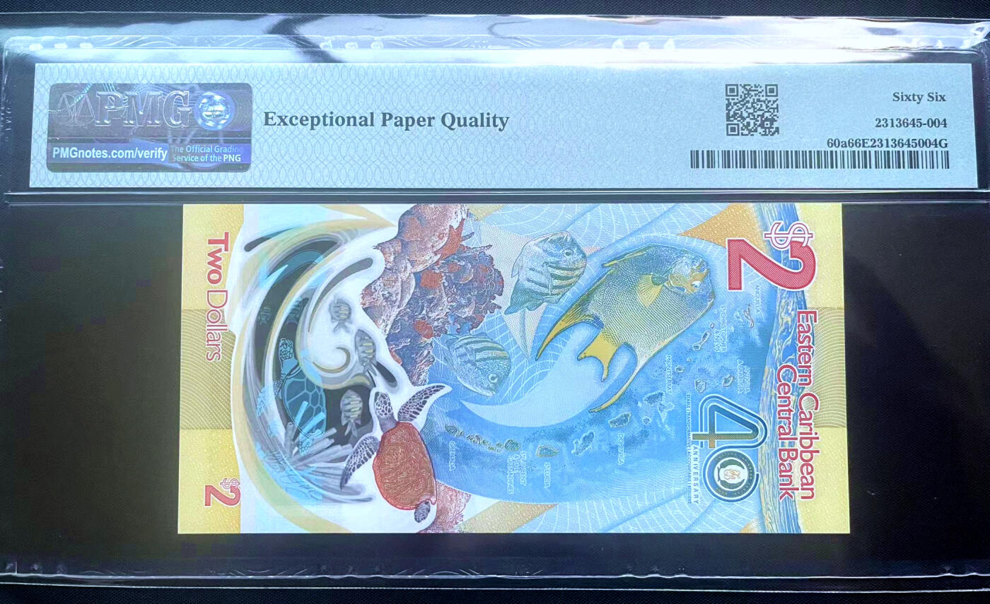 【Blue Auction】✨世界纸币精拍第482期【精】 【AA冠无47 获奖钞】东加勒比 2023年2元 PMG66EPQ 纪念钞